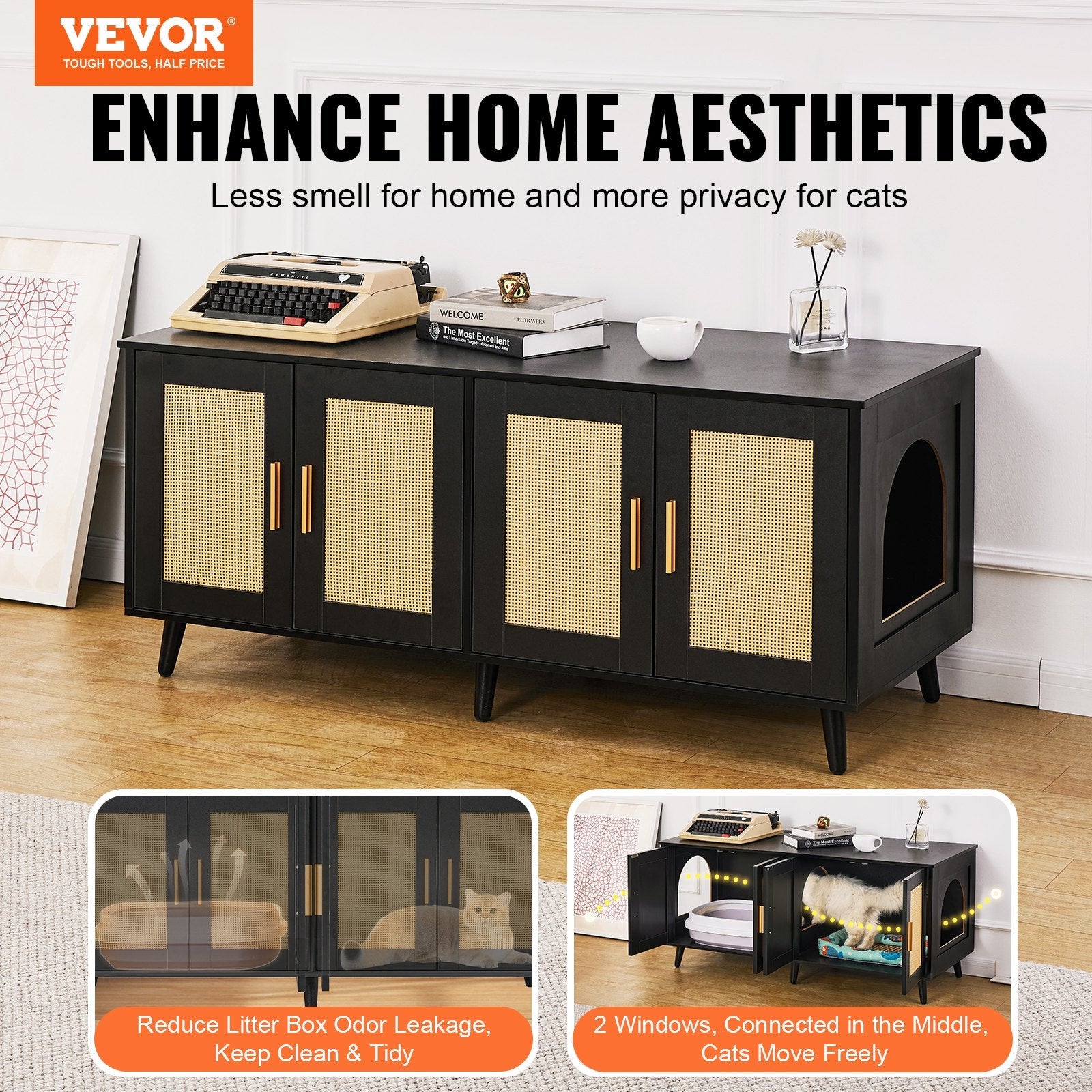 VEVOR Cat Litter Box Enclosure Wooden Litter Box Furniture Hidden 2 Rooms Black 