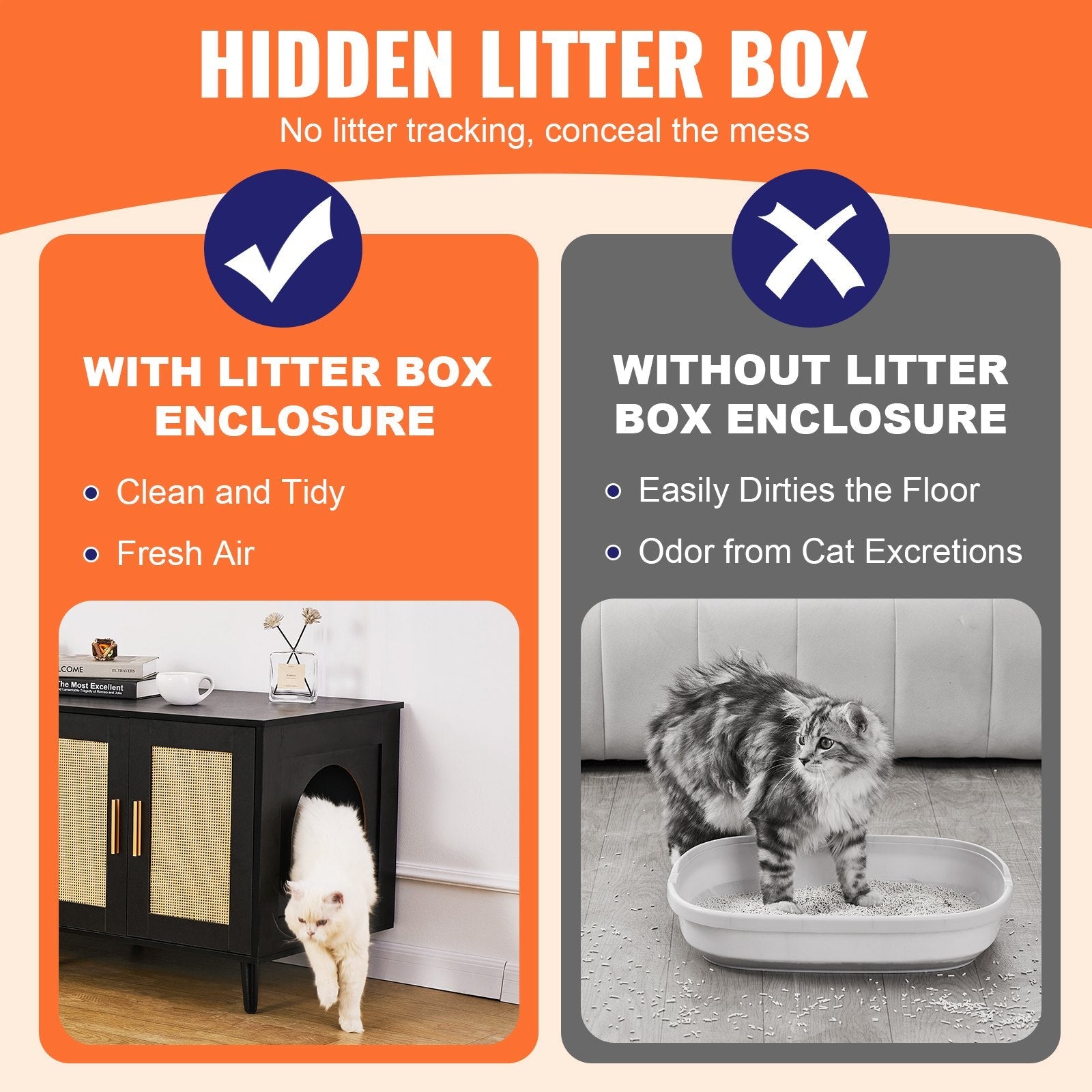 VEVOR Cat Litter Box Enclosure Wooden Litter Box Furniture Hidden 2 Rooms Black 