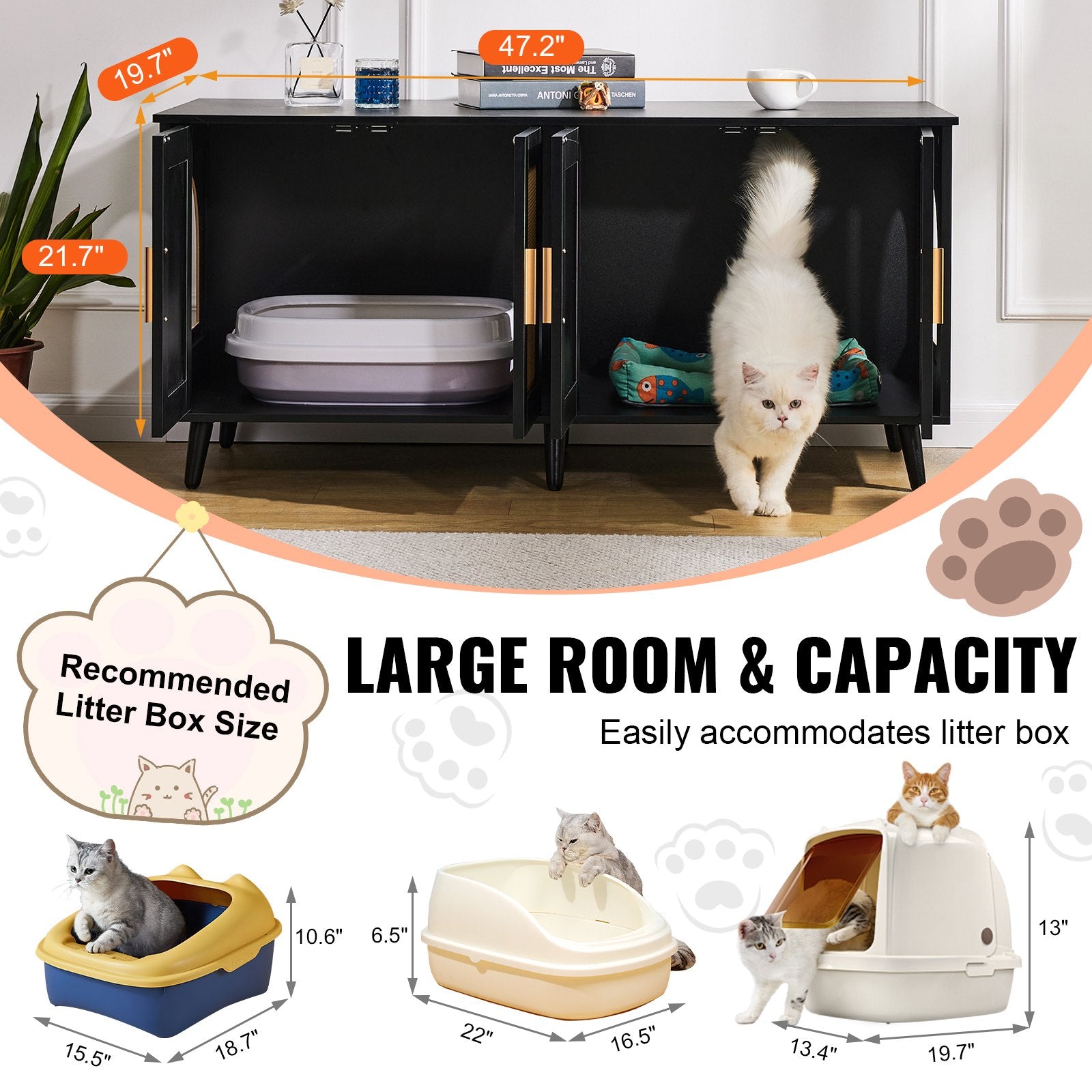 VEVOR Cat Litter Box Enclosure Wooden Litter Box Furniture Hidden 2 Rooms Black 