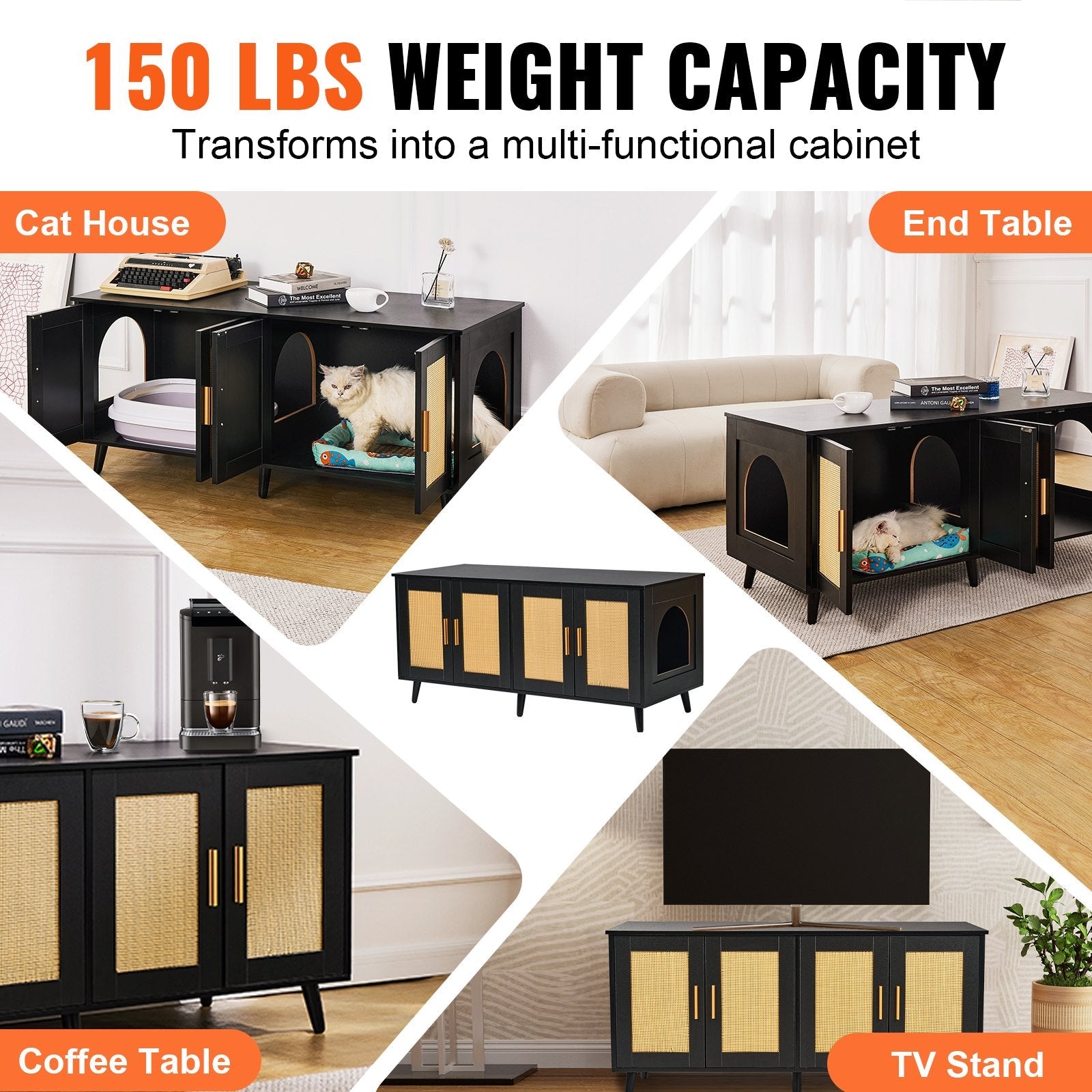 VEVOR Cat Litter Box Enclosure Wooden Litter Box Furniture Hidden 2 Rooms Black 