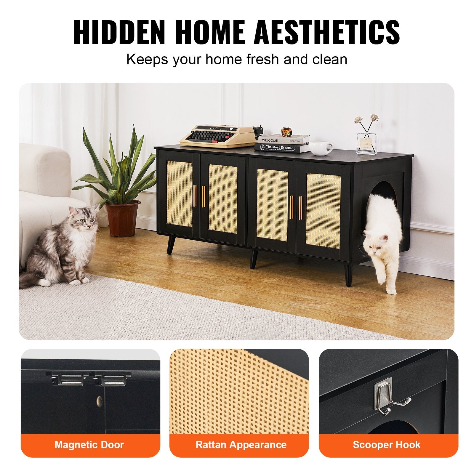 VEVOR Cat Litter Box Enclosure Wooden Litter Box Furniture Hidden 2 Rooms Black 