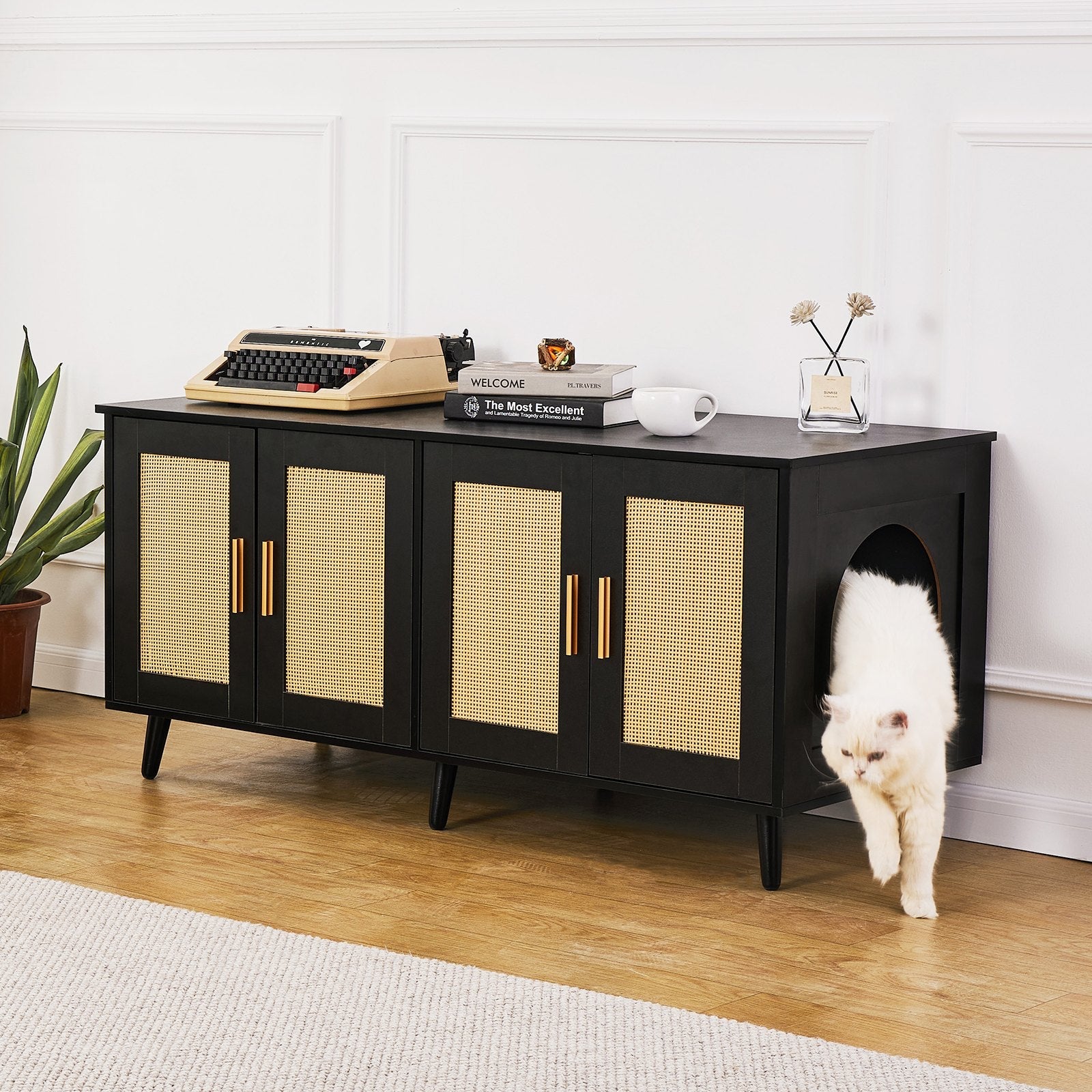 VEVOR Cat Litter Box Enclosure Wooden Litter Box Furniture Hidden 2 Rooms Black 