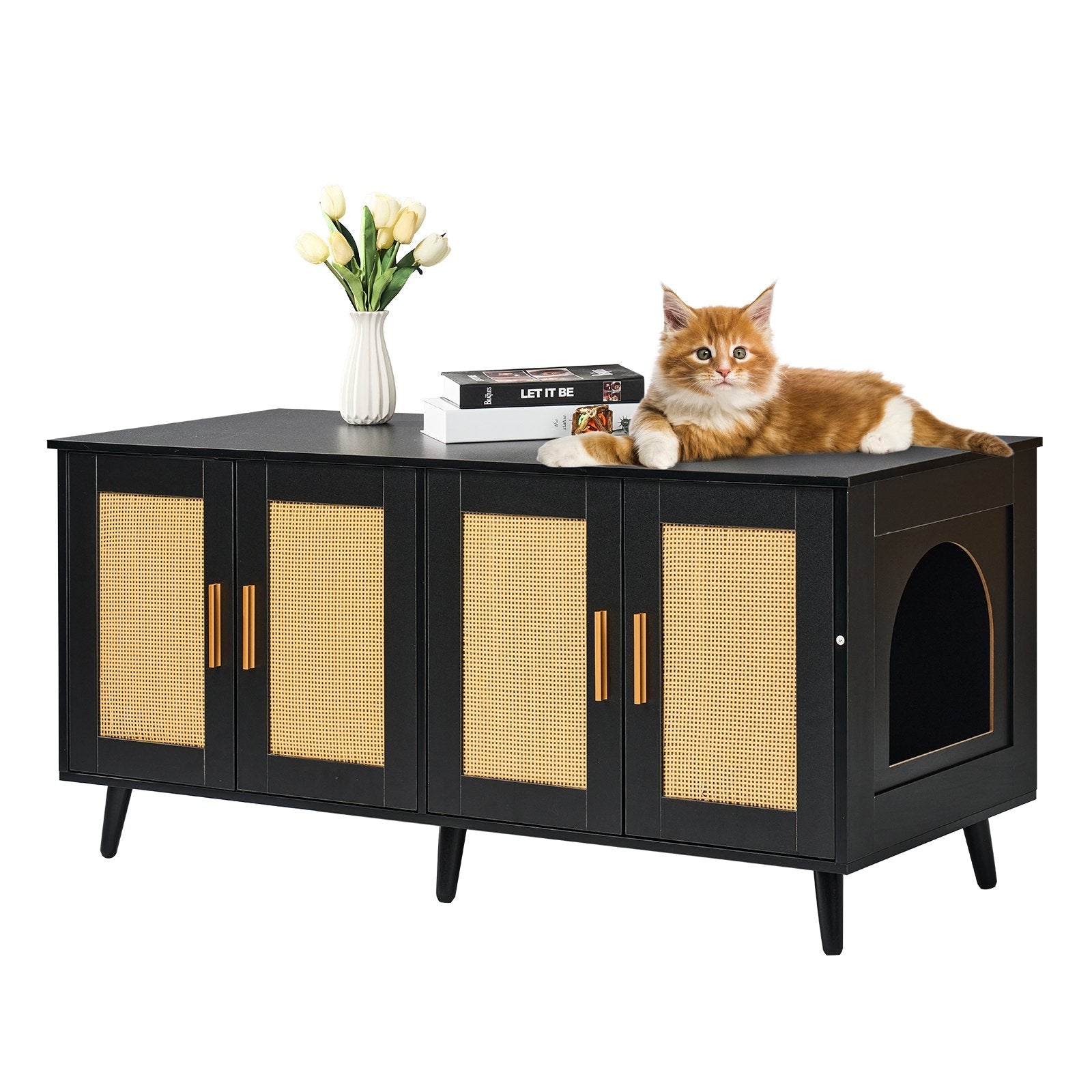 VEVOR Cat Litter Box Enclosure Wooden Litter Box Furniture Hidden 2 Rooms Black 