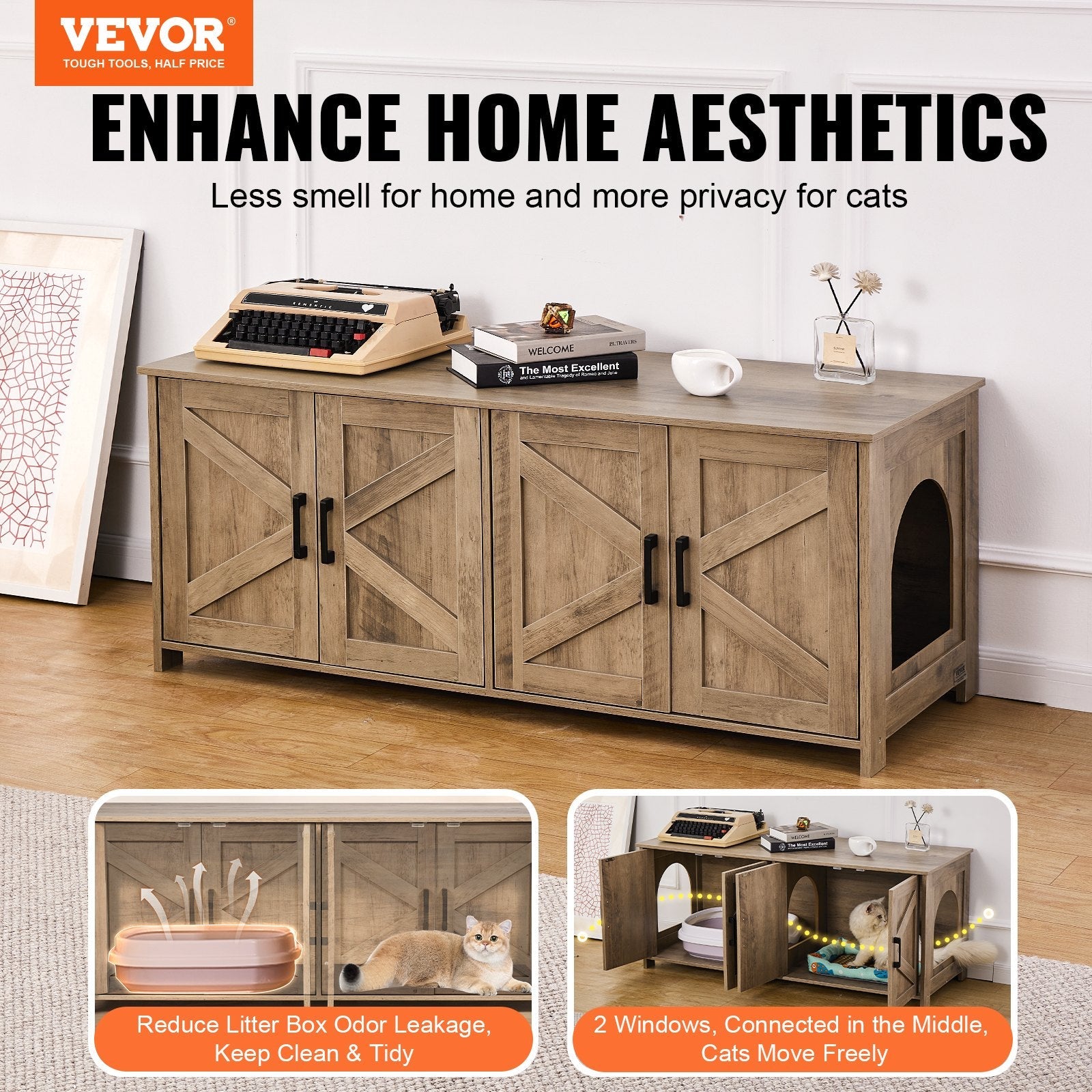 VEVOR Cat Litter Box Enclosure Wooden Litter Box Furniture Hidden 2 Rooms Greige 