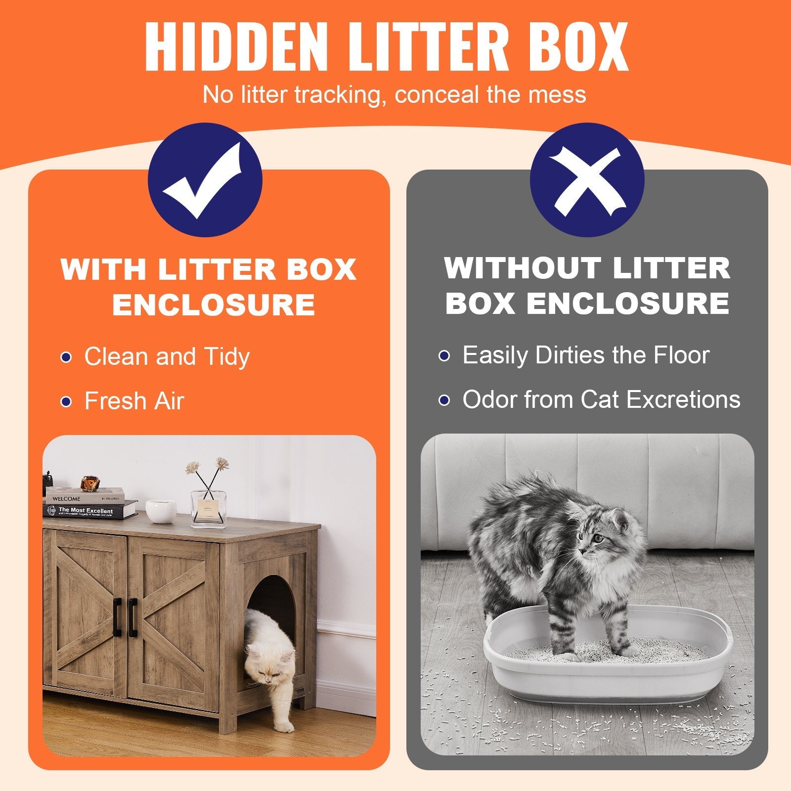VEVOR Cat Litter Box Enclosure Wooden Litter Box Furniture Hidden 2 Rooms Greige 
