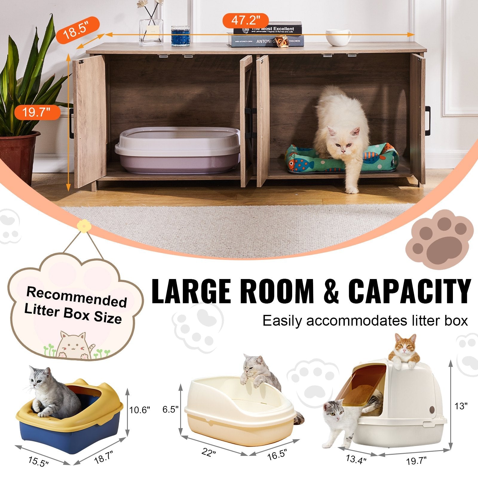 VEVOR Cat Litter Box Enclosure Wooden Litter Box Furniture Hidden 2 Rooms Greige 