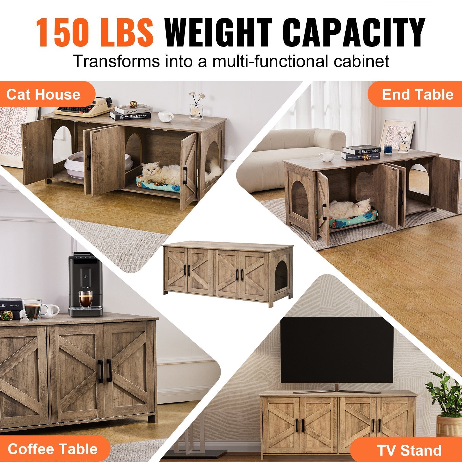 VEVOR Cat Litter Box Enclosure Wooden Litter Box Furniture Hidden 2 Rooms Greige 