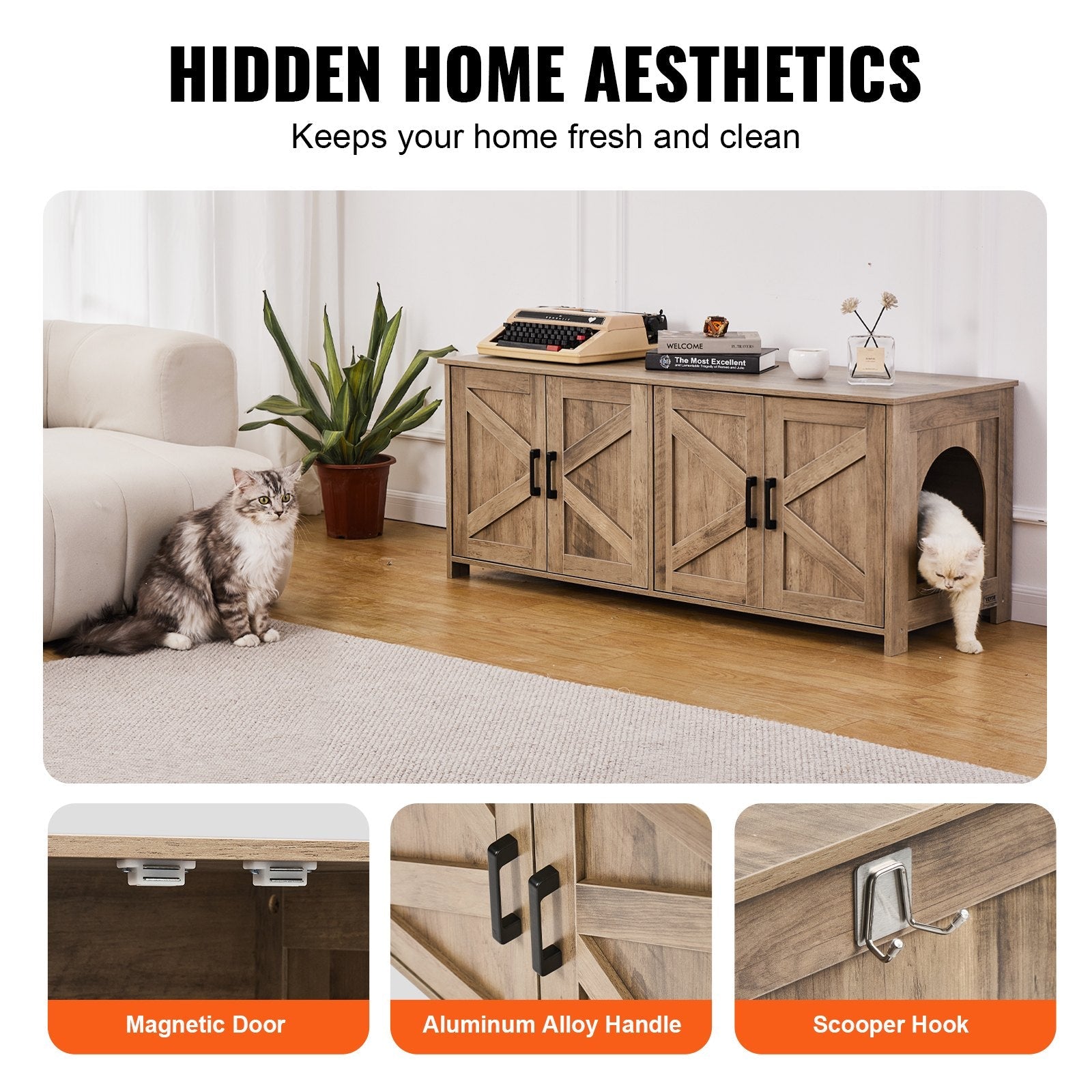 VEVOR Cat Litter Box Enclosure Wooden Litter Box Furniture Hidden 2 Rooms Greige 