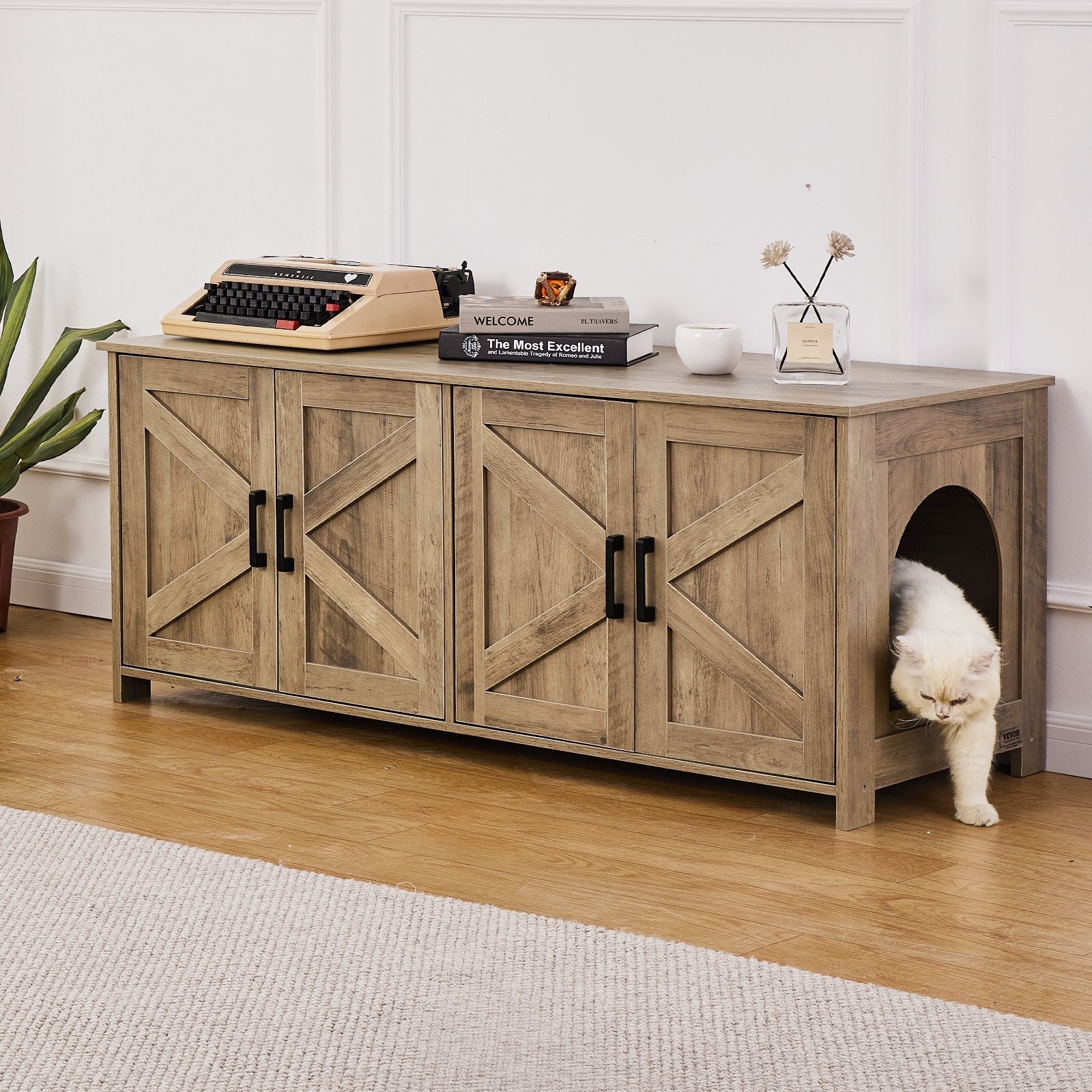 VEVOR Cat Litter Box Enclosure Wooden Litter Box Furniture Hidden 2 Rooms Greige 