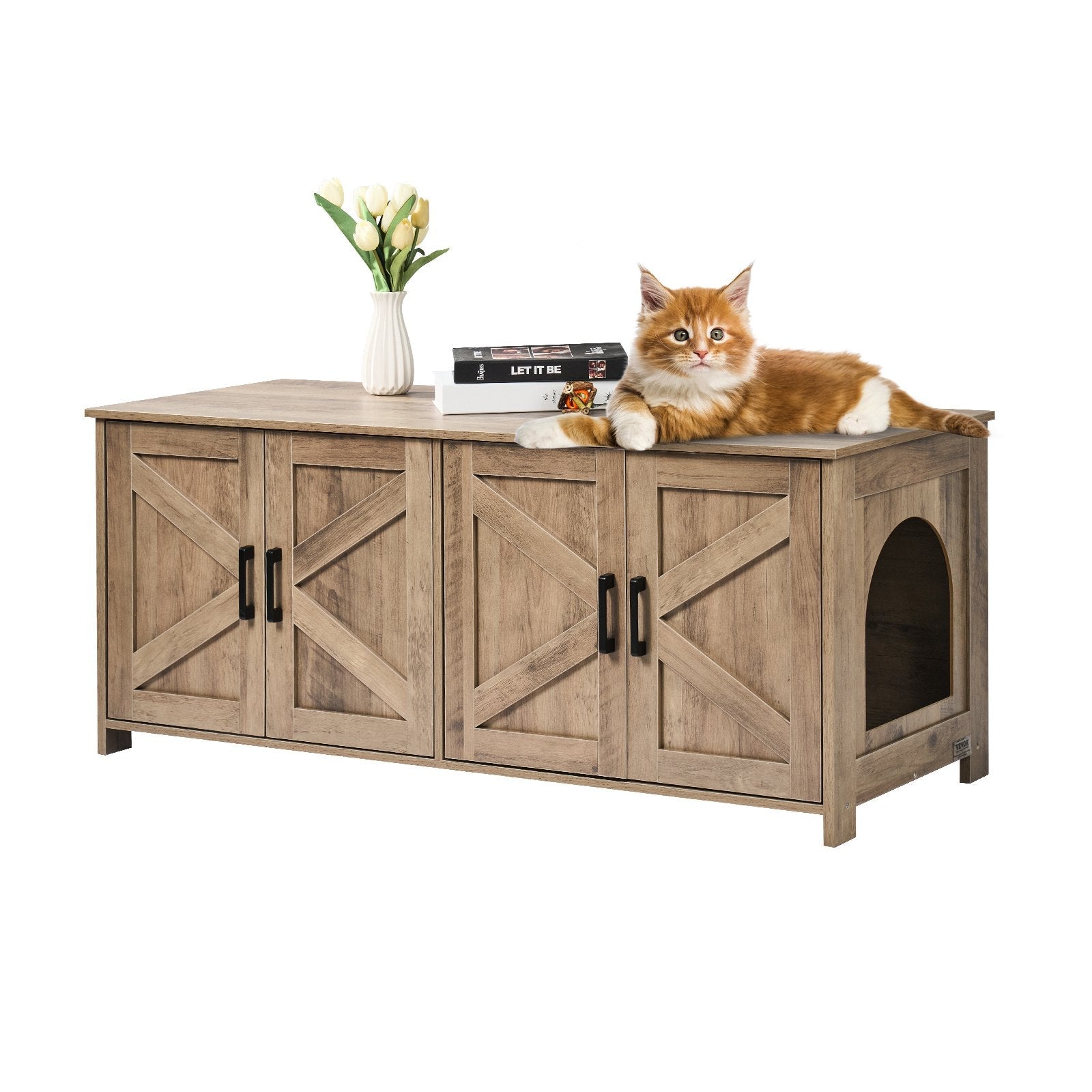VEVOR Cat Litter Box Enclosure Wooden Litter Box Furniture Hidden 2 Rooms Greige 