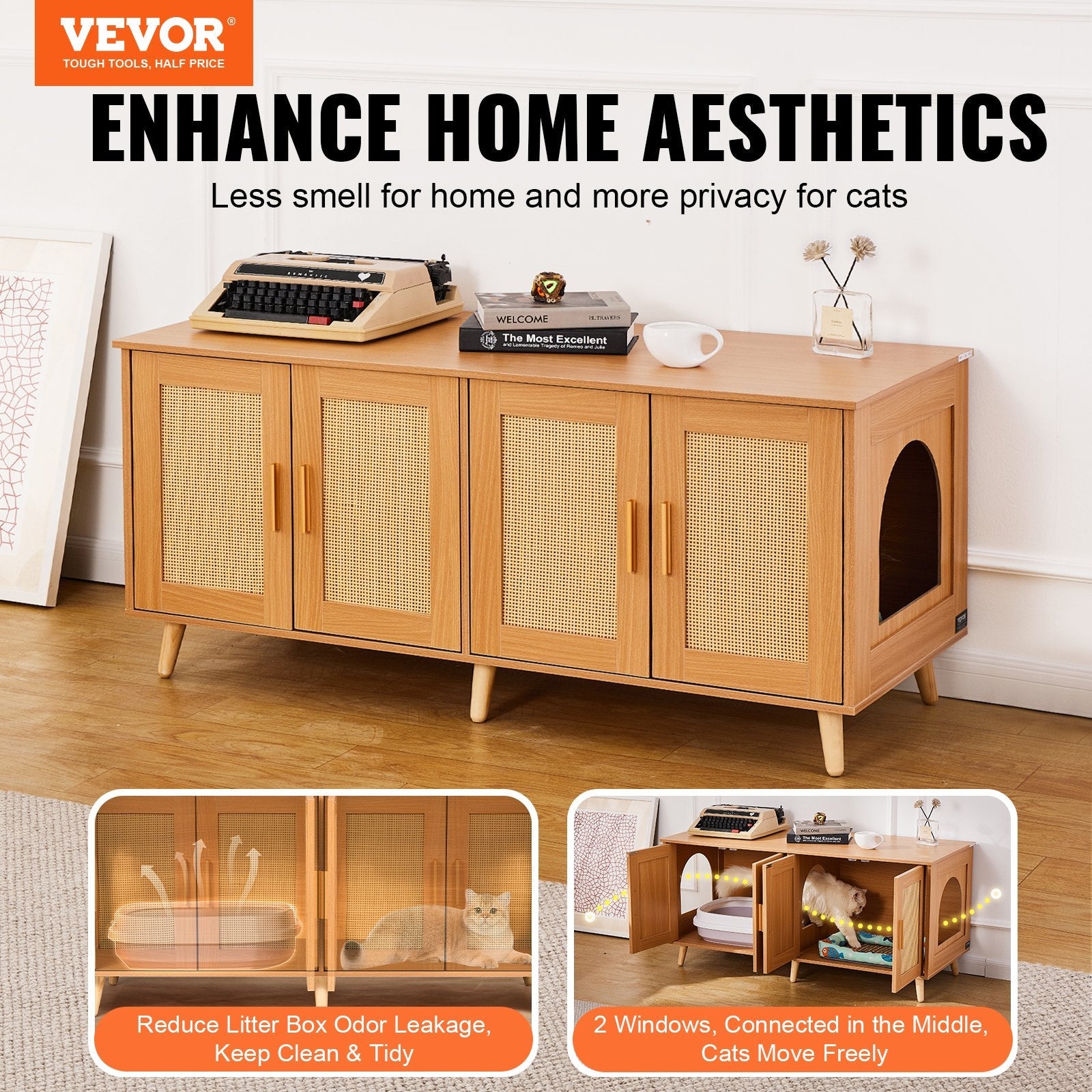 VEVOR Cat Litter Box Enclosure Wooden Litter Box Furniture Hidden for 2 Cats 