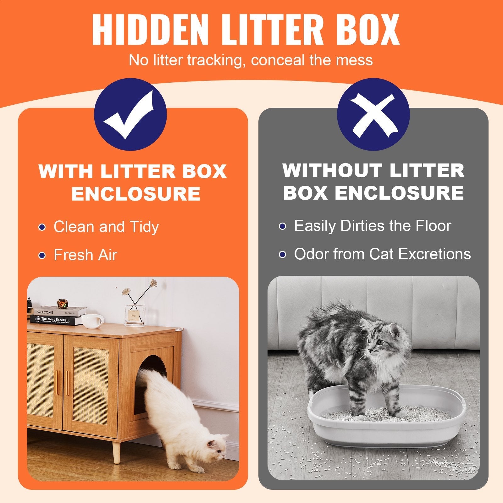 VEVOR Cat Litter Box Enclosure Wooden Litter Box Furniture Hidden for 2 Cats 