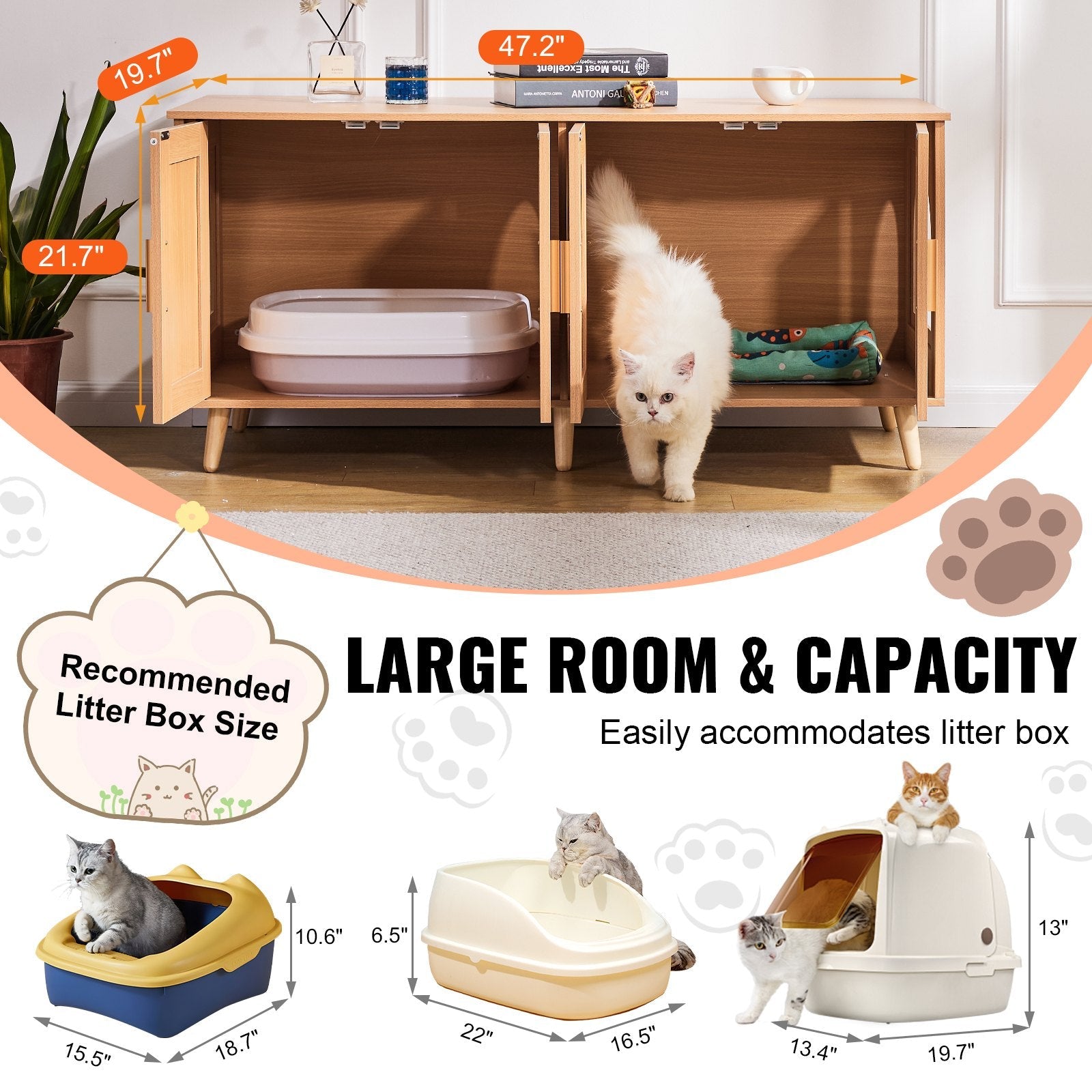 VEVOR Cat Litter Box Enclosure Wooden Litter Box Furniture Hidden for 2 Cats 