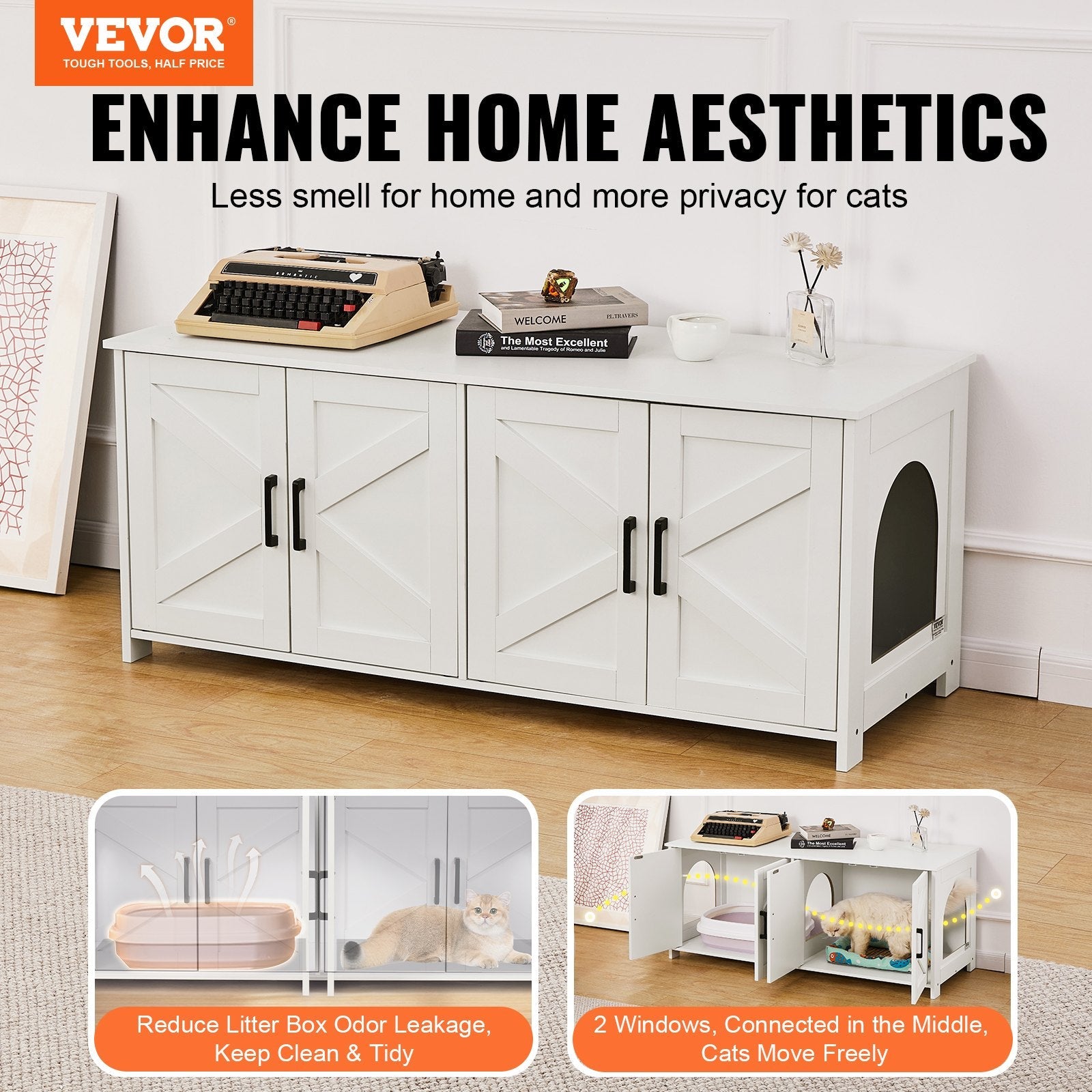 VEVOR Cat Litter Box Enclosure Wooden Litter Box Furniture Hidden 2 Rooms White 
