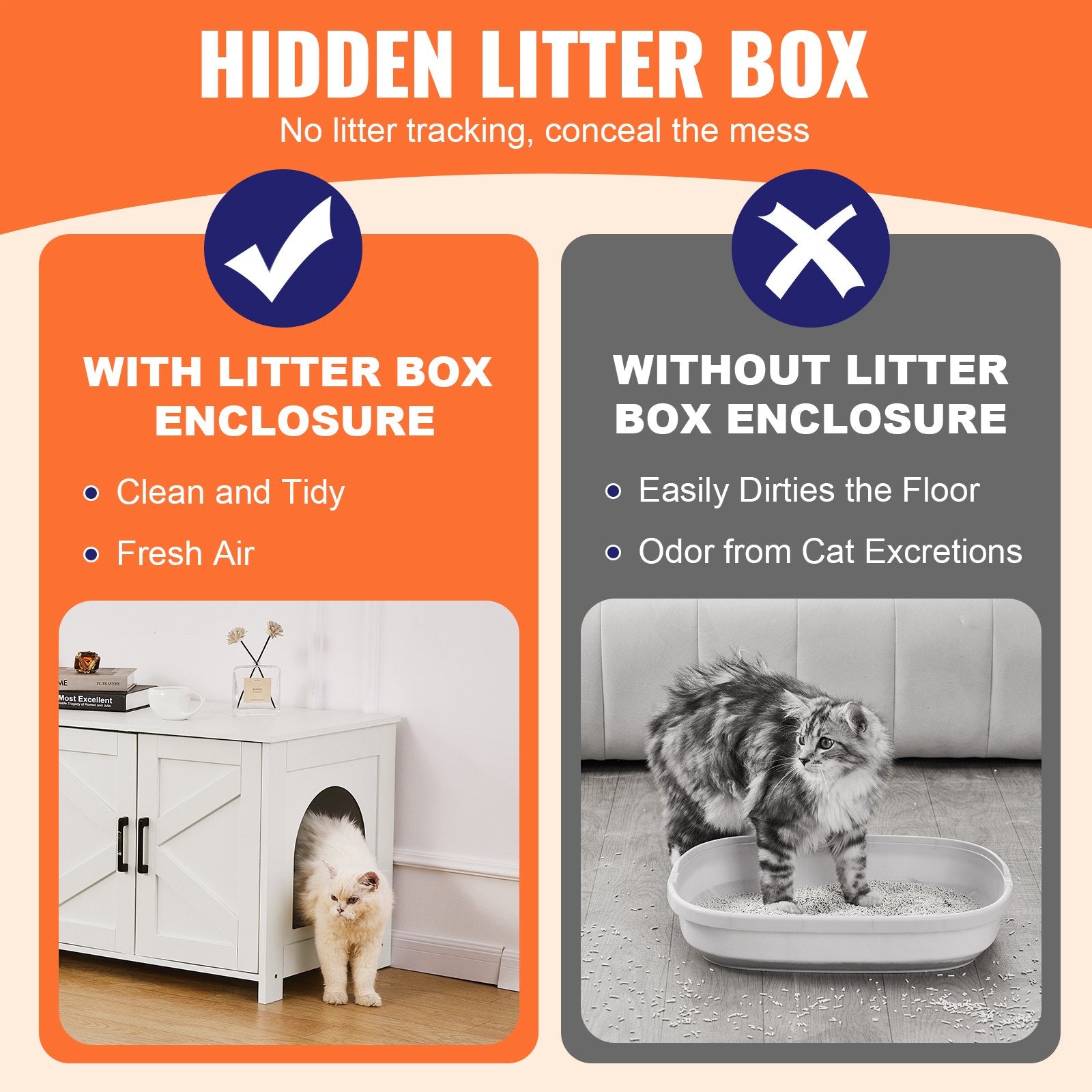 VEVOR Cat Litter Box Enclosure Wooden Litter Box Furniture Hidden 2 Rooms White 