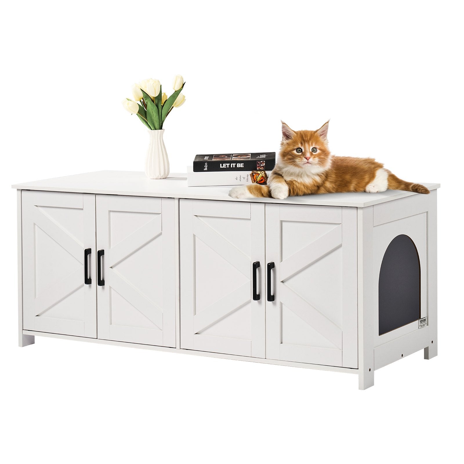 VEVOR Cat Litter Box Enclosure Wooden Litter Box Furniture Hidden 2 Rooms White 