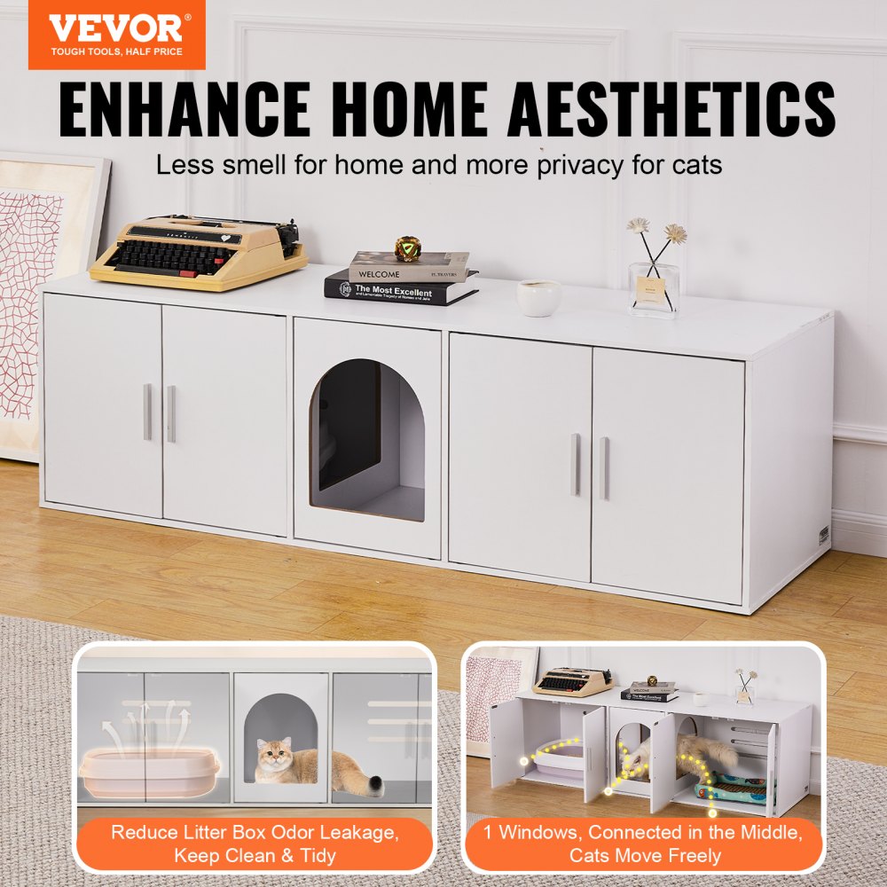 VEVOR Cat Litter Box Enclosure Wooden Litter Box Furniture Hidden 57.9" White 