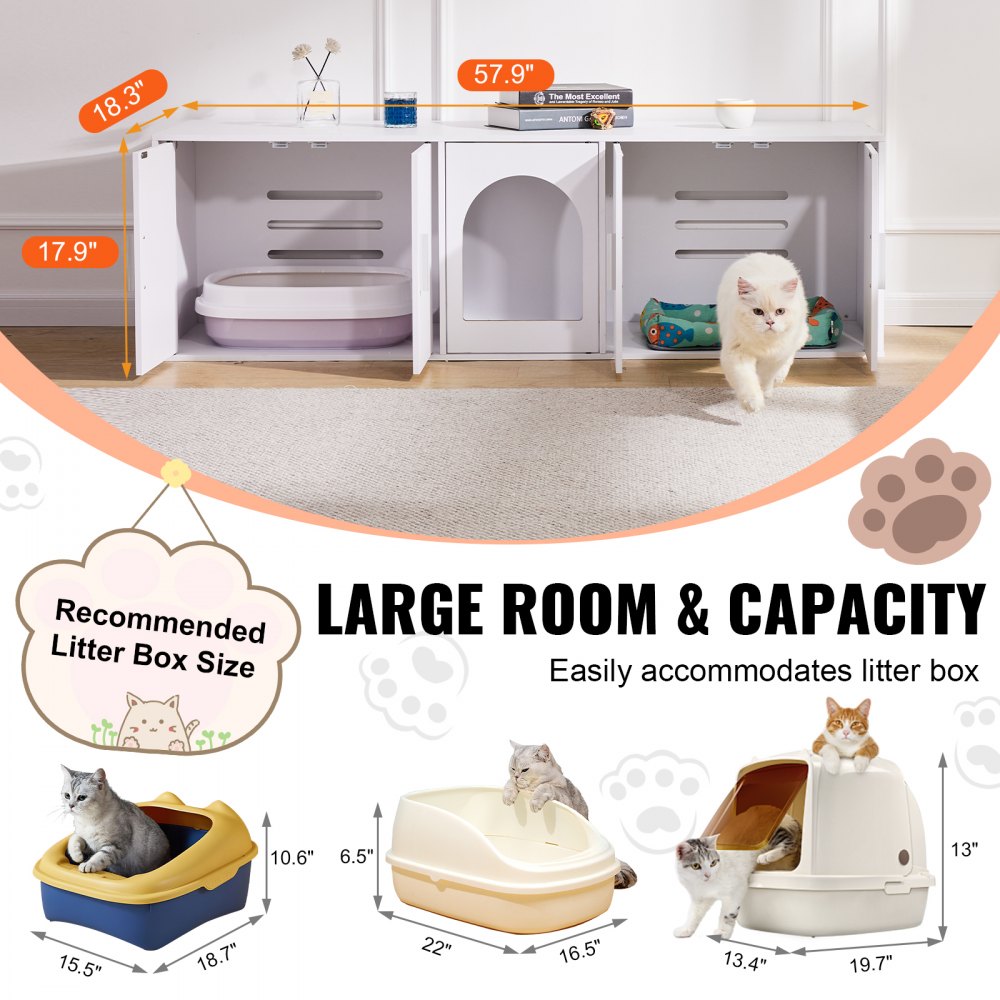 VEVOR Cat Litter Box Enclosure Wooden Litter Box Furniture Hidden 57.9" White 