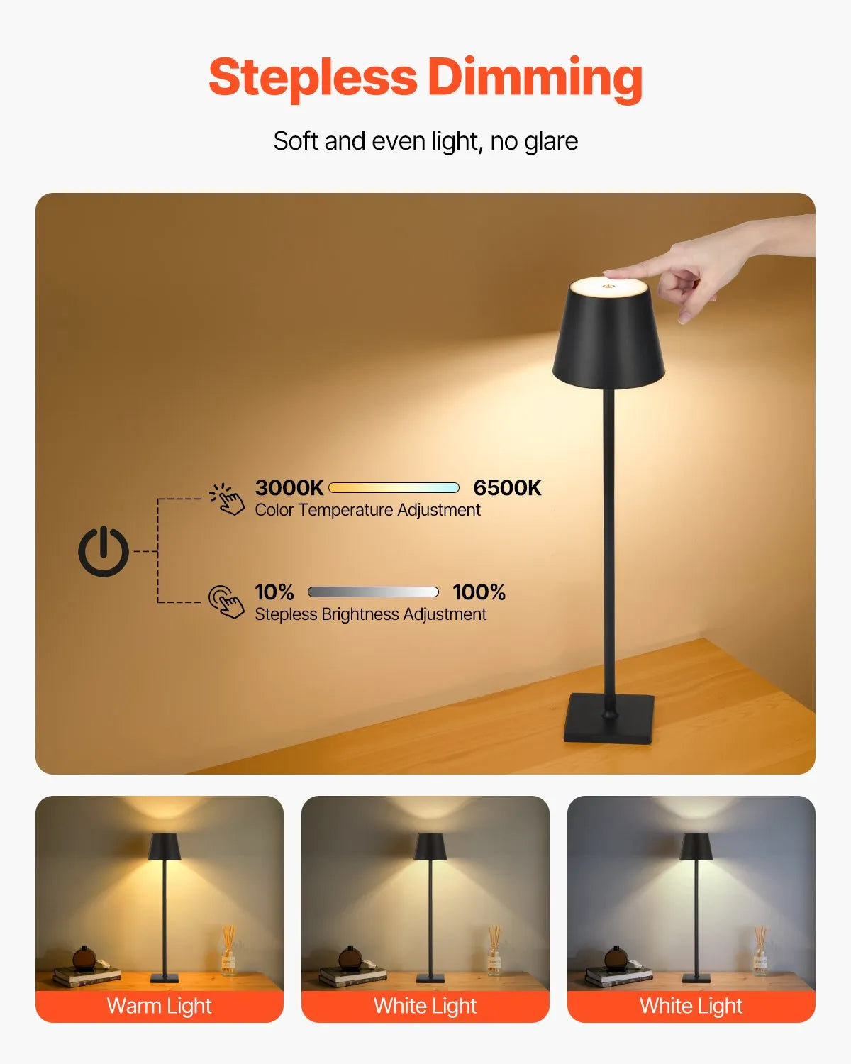 VEVOR Cordless Table Lamp 2PCS Rechargeable Battery Lamp Adjustable Height Black