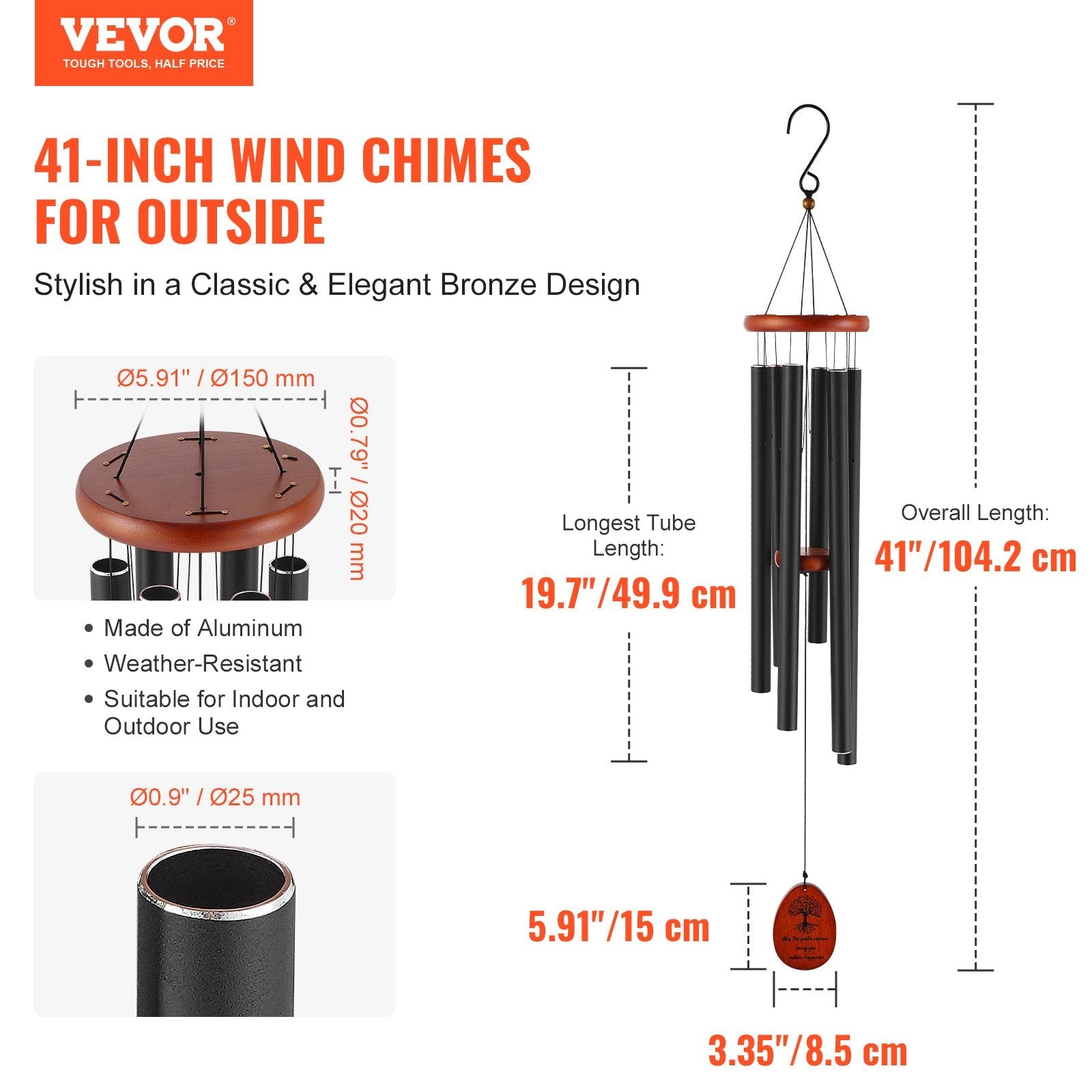 VEVOR Wind Chimes for Outside 41-Inch Aluminum Memorial Deep Tone Wind Chimes 