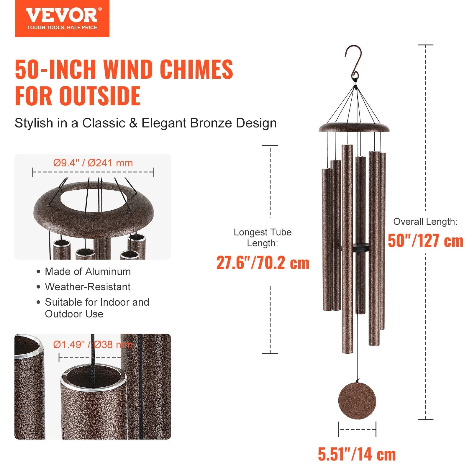 VEVOR Wind Chimes for Outside 50-Inch Aluminum Memorial Deep Tone Wind Chimes 
