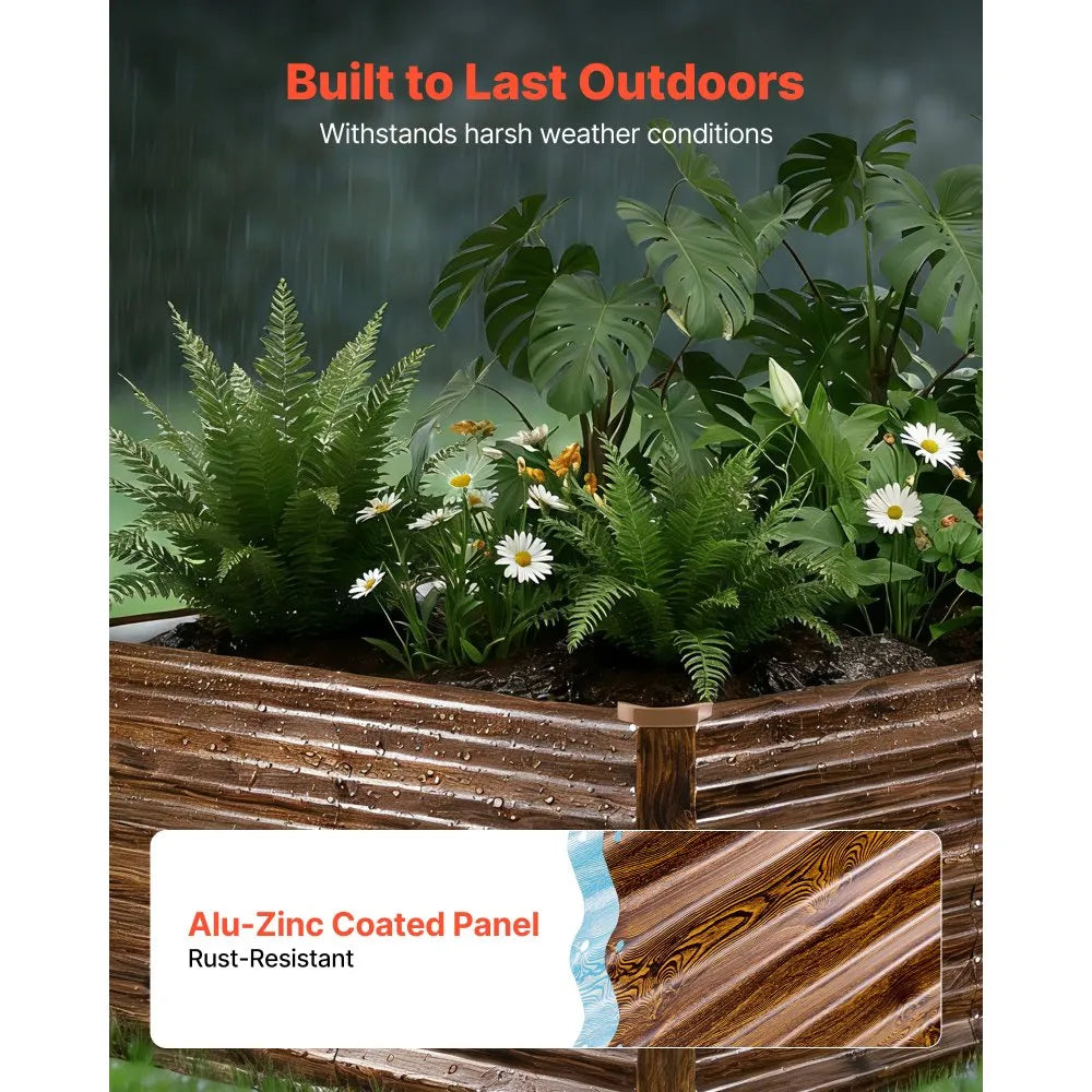 VEVOR 8 x 4 x 2 ft Galvanized Raised Garden Bed – Deep Wood Grain Finish