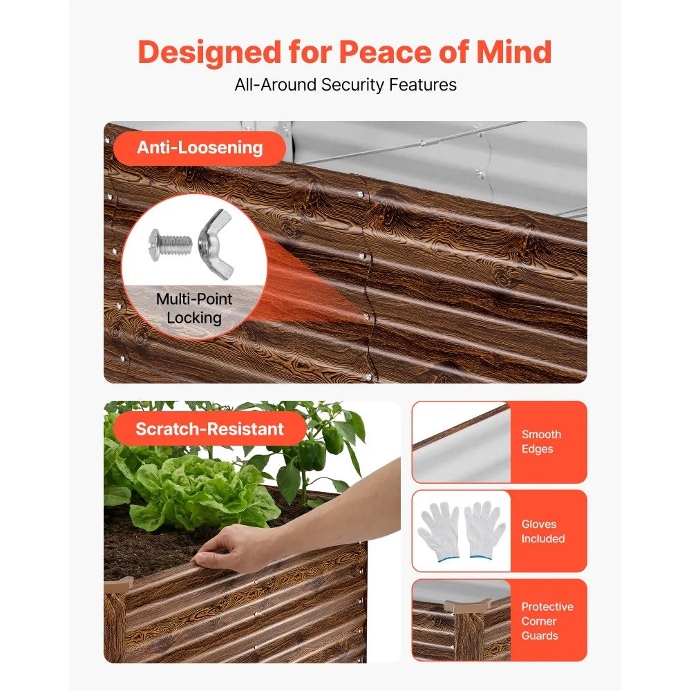 VEVOR 8 x 4 x 2 ft Galvanized Raised Garden Bed – Deep Wood Grain Finish