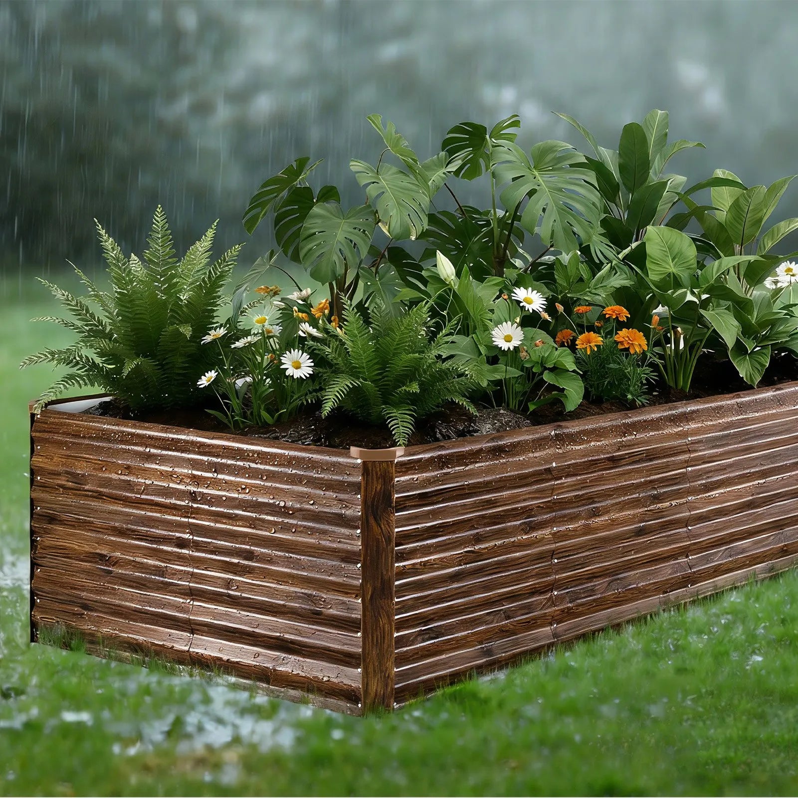 VEVOR 8 x 4 x 2 ft Galvanized Raised Garden Bed – Deep Wood Grain Finish