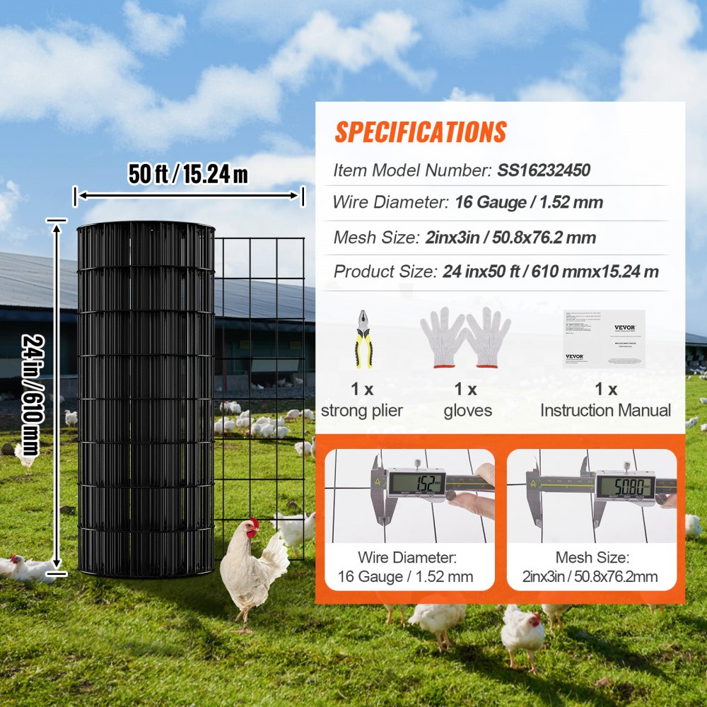 VEVOR Hardware Cloth, 24'' x 50' Galvanized Wire Mesh Roll, 16 Gauge Chicken Wire Fence Roll, Vinyl Coating Metal Wire Mesh for Chicken Coop Barrier, Rabbit Snake Fences, Poultry Enclosures 