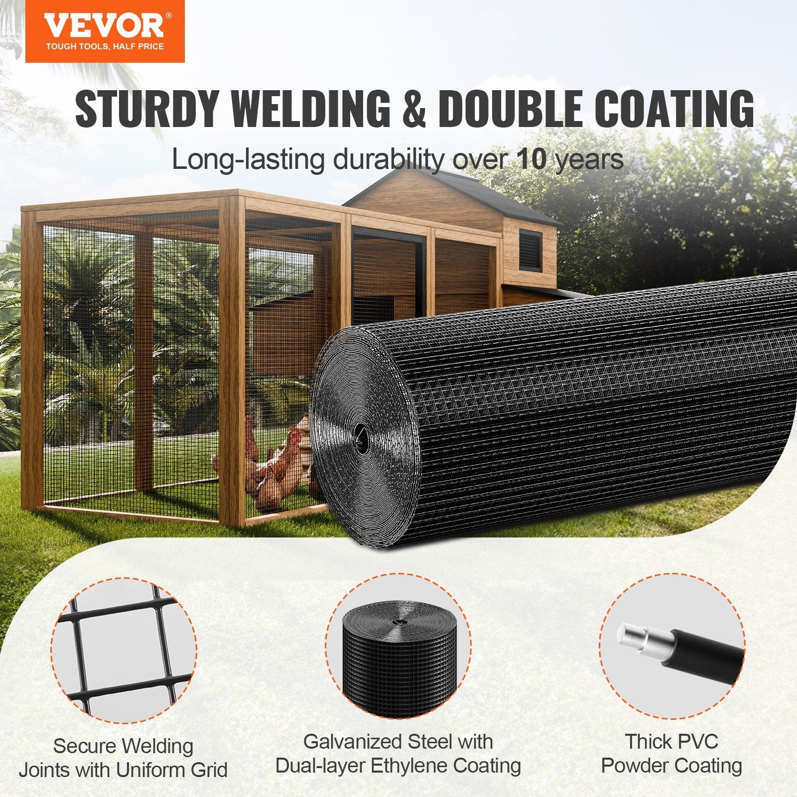 VEVOR Hardware Cloth, 48'' x 50' Galvanized Wire Mesh Roll, 19 Gauge Chicken Wire Fence Roll, Vinyl Coating Metal Wire Mesh for Chicken Coop Barrier, Rabbit Snake Fences, Poultry Enclosures 