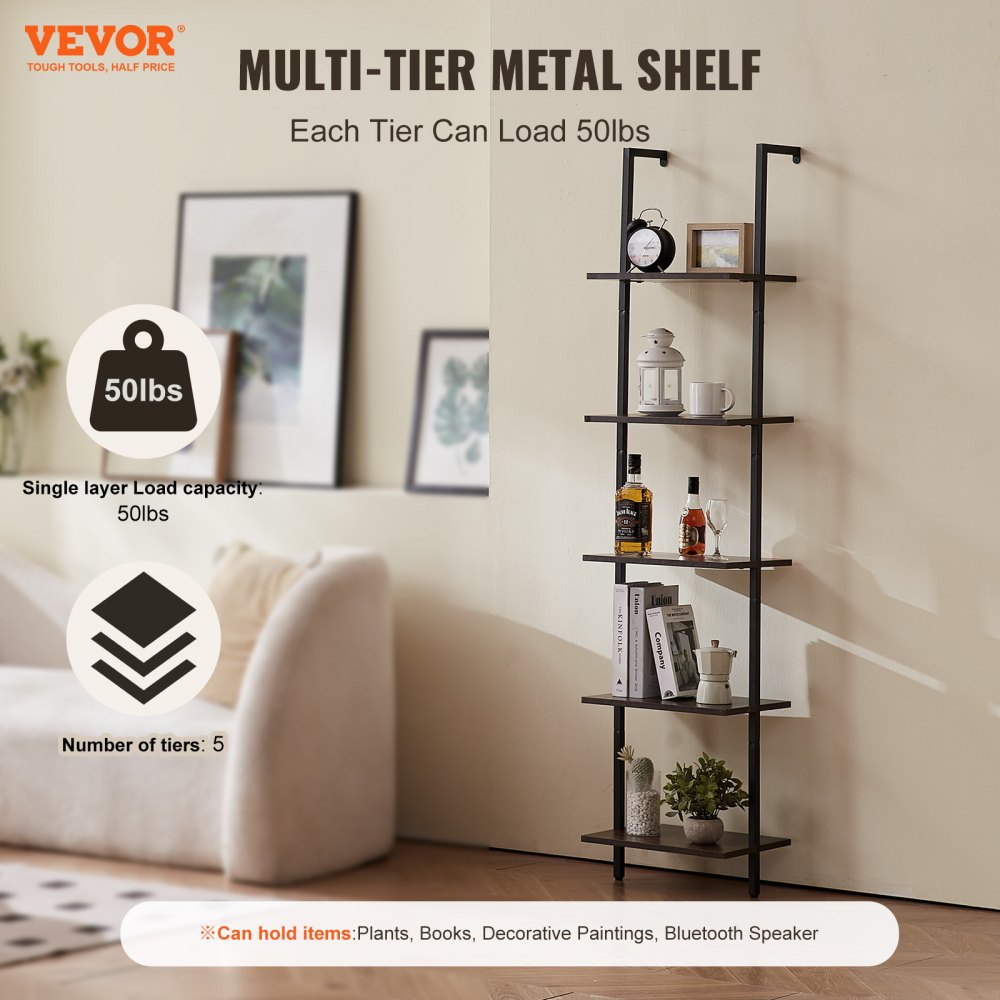 VEVOR Industrial Square Pipe Shelf 5 Tier 15.6x11.8in Wall-Mount for Bedroom 