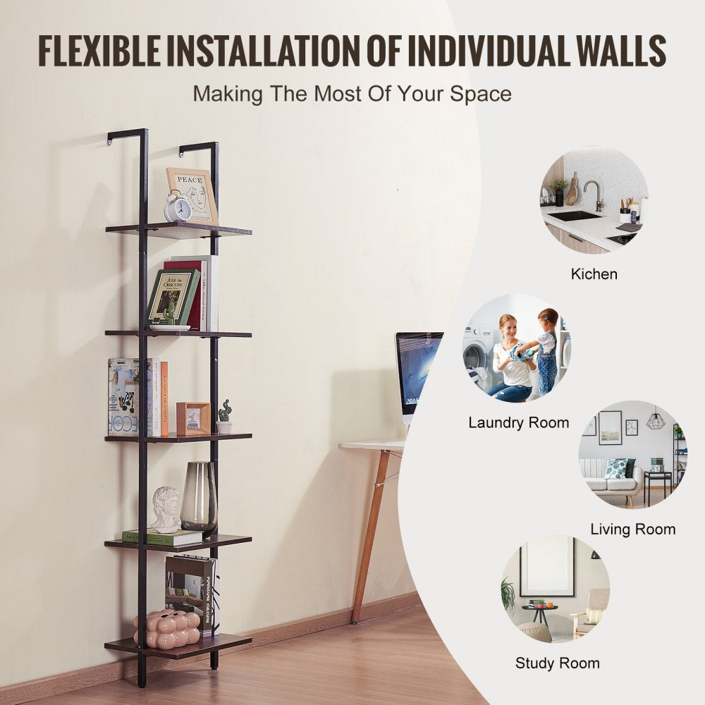 VEVOR Industrial Square Pipe Shelf 5 Tier 15.6x11.8in Wall-Mount for Bedroom 