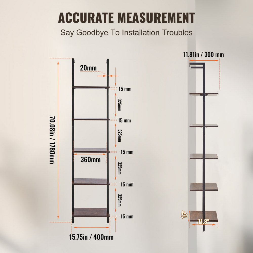 VEVOR Industrial Square Pipe Shelf 5 Tier 15.6x11.8in Wall-Mount for Bedroom 