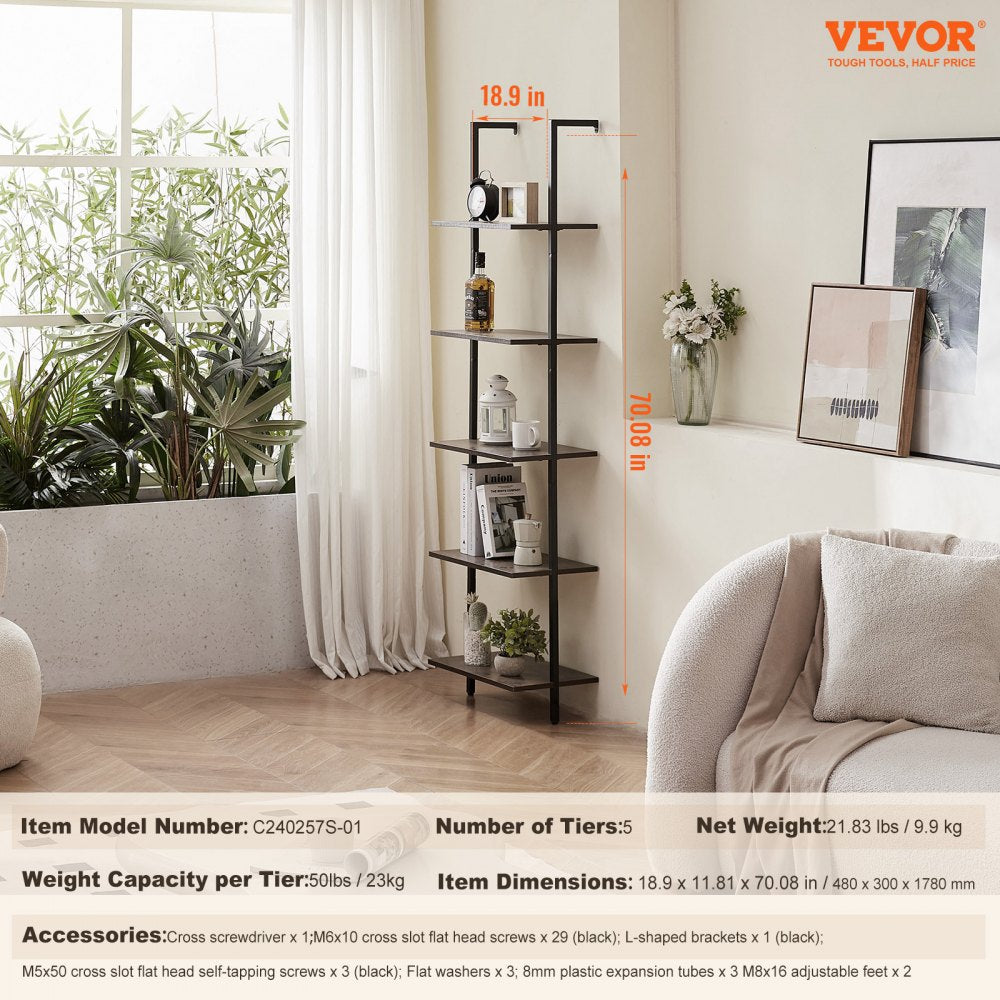 VEVOR Industrial Square Pipe Shelf 5 Tier 17.3x11.8in Wall-Mount for Bedroom 