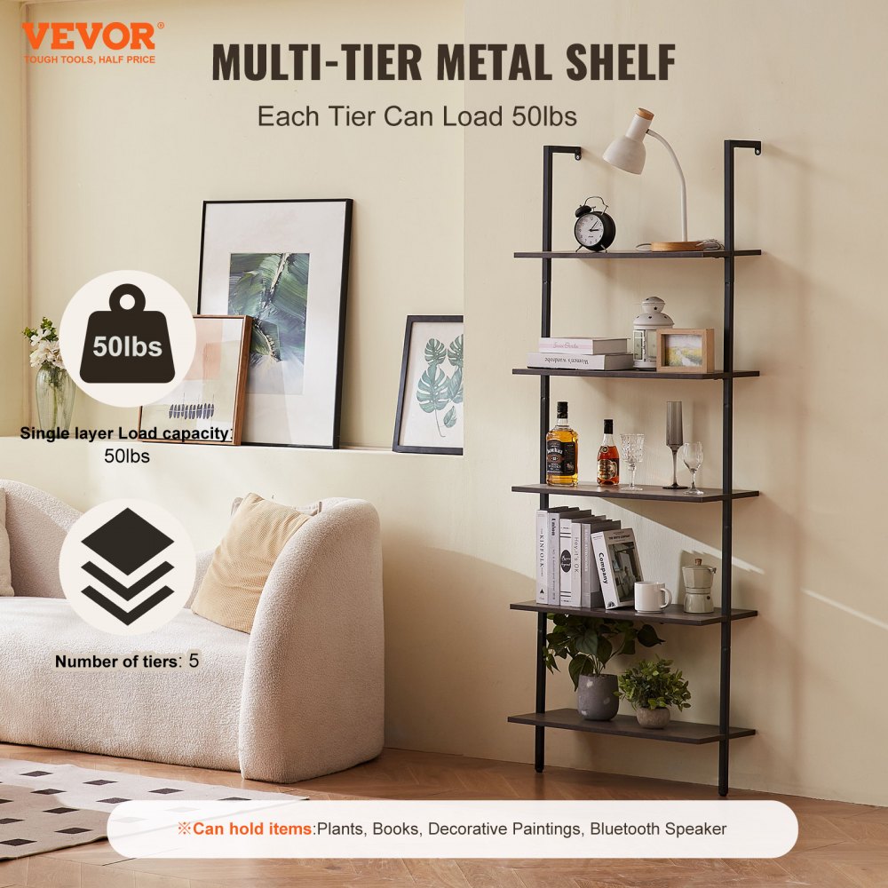 VEVOR Industrial Square Pipe Shelf 5 Tier 24x11.8in Wall-Mount for Bedroom 