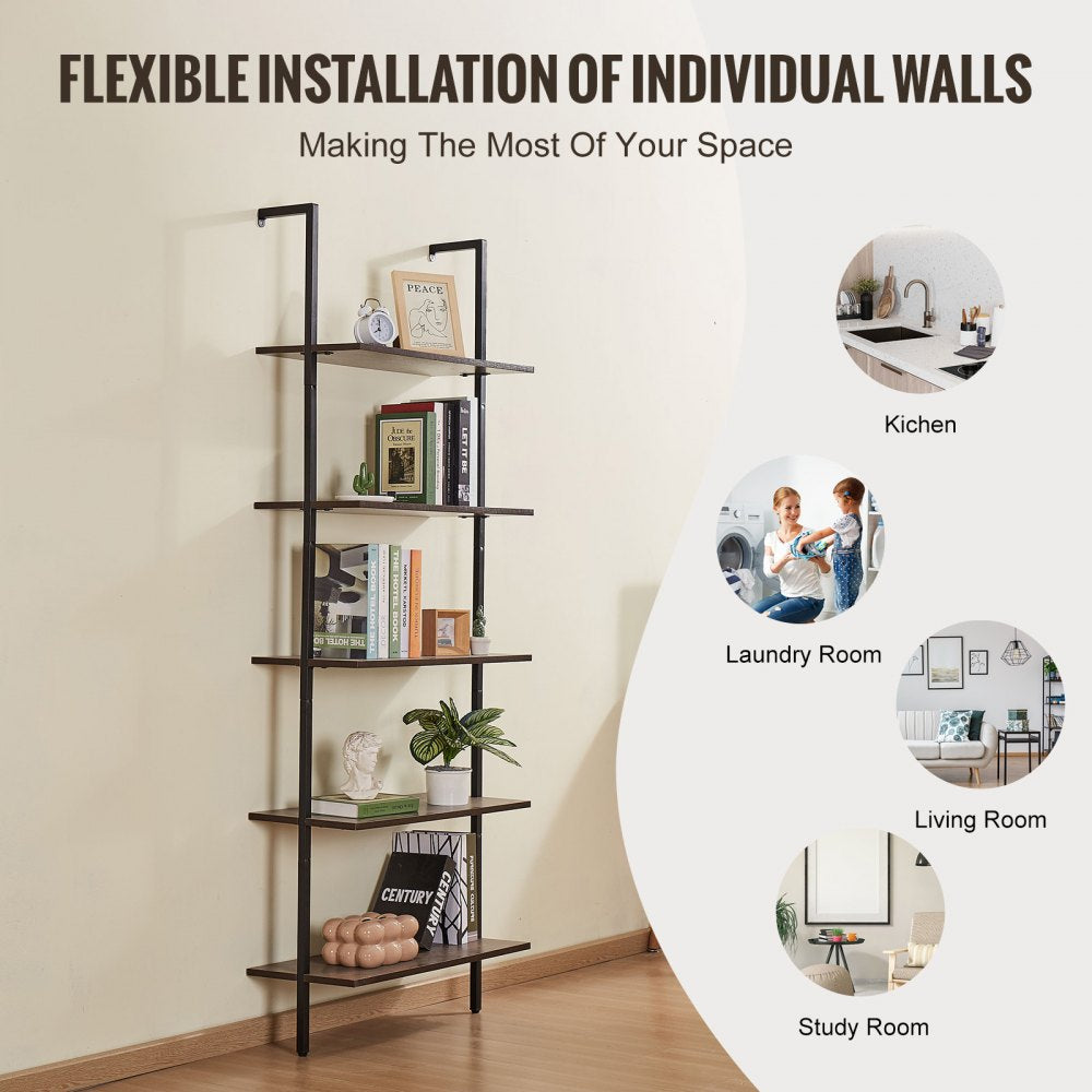VEVOR Industrial Square Pipe Shelf 5 Tier 24x11.8in Wall-Mount for Bedroom 
