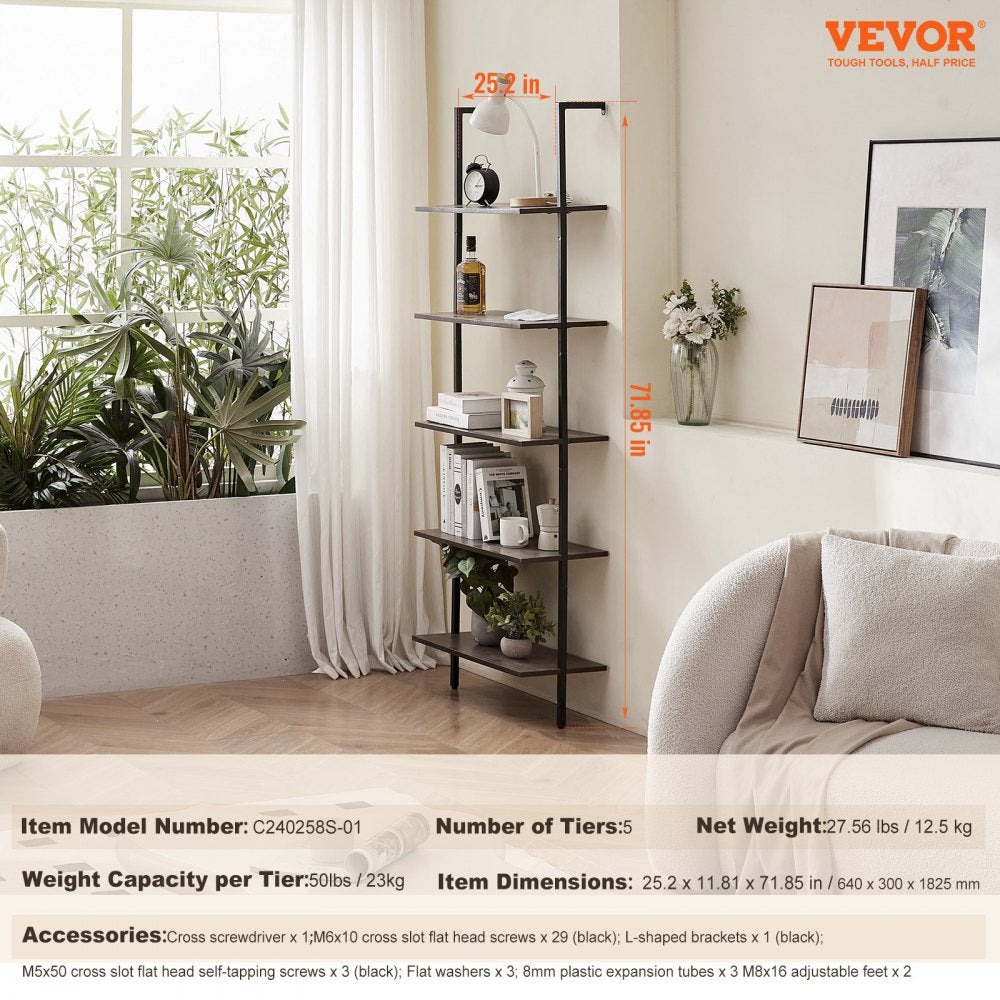 VEVOR Industrial Square Pipe Shelf 5 Tier 24x11.8in Wall-Mount for Bedroom 
