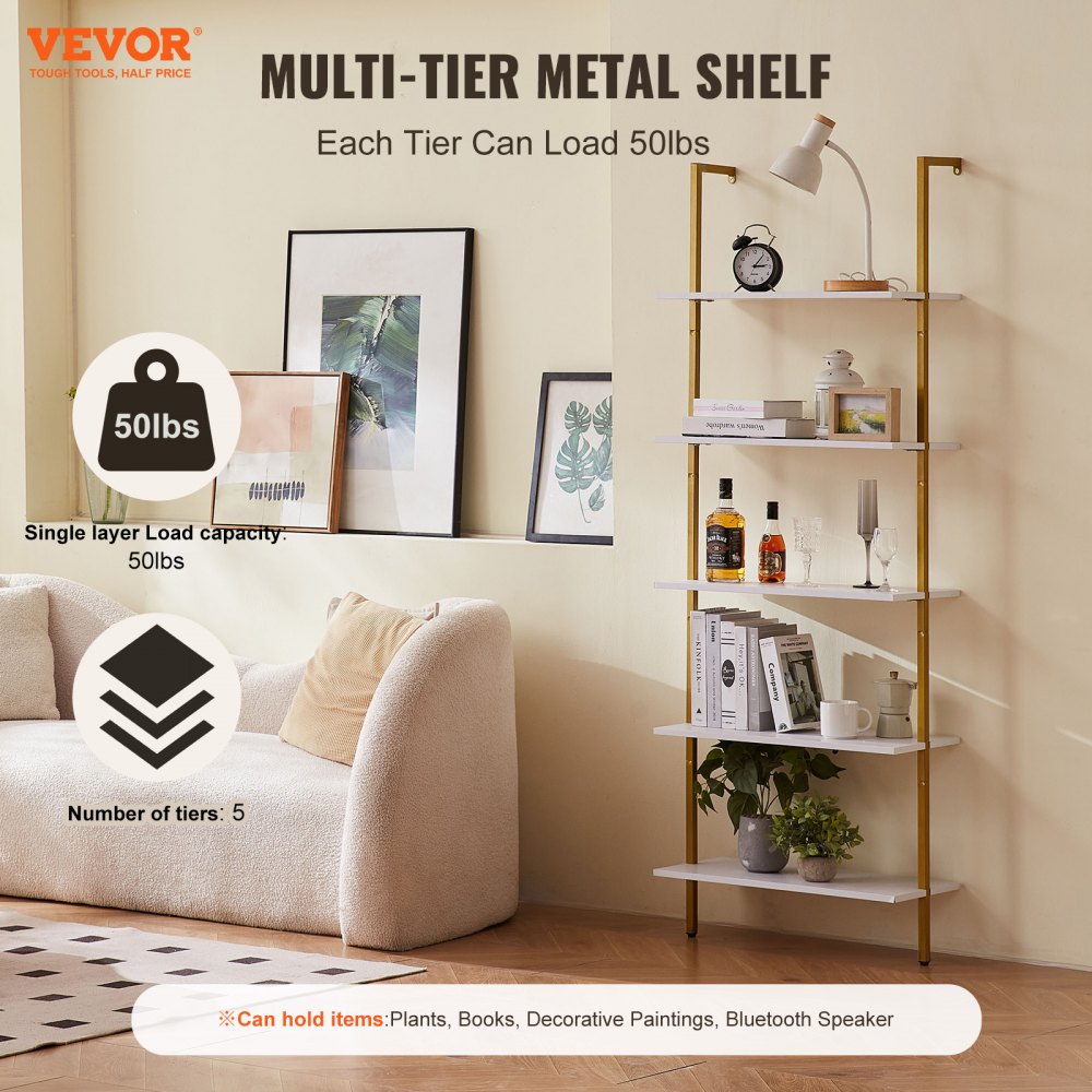 VEVOR Industrial Square Pipe Shelf 5 Tier 24x11.8in Wall-Mount Gold White 