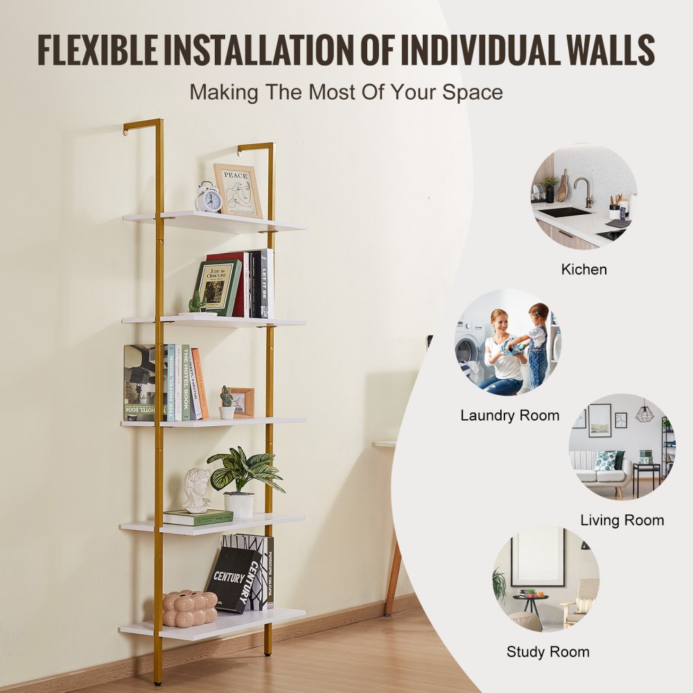 VEVOR Industrial Square Pipe Shelf 5 Tier 24x11.8in Wall-Mount Gold White 