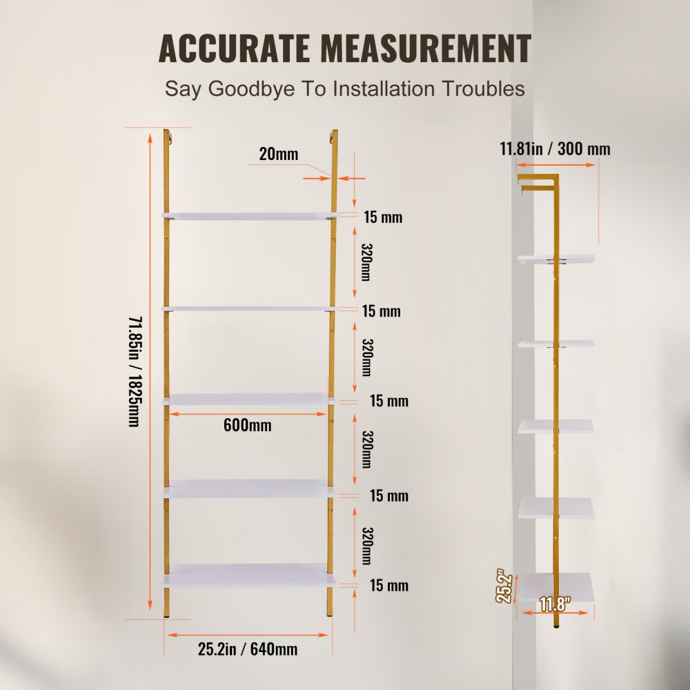 VEVOR Industrial Square Pipe Shelf 5 Tier 24x11.8in Wall-Mount Gold White 