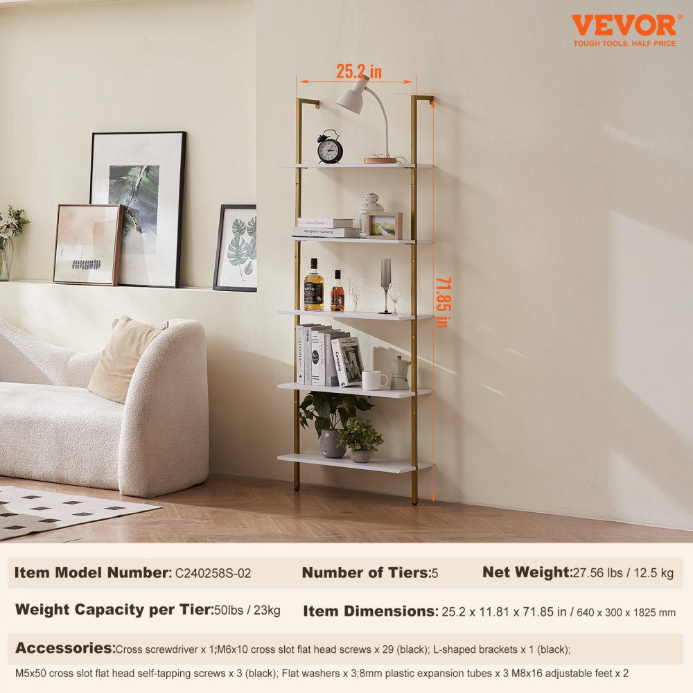 VEVOR Industrial Square Pipe Shelf 5 Tier 24x11.8in Wall-Mount Gold White 