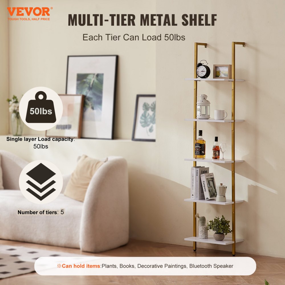 VEVOR Industrial Square Pipe Shelf 5 Tier 15.6x11.8in Wall-Mount Gold White 