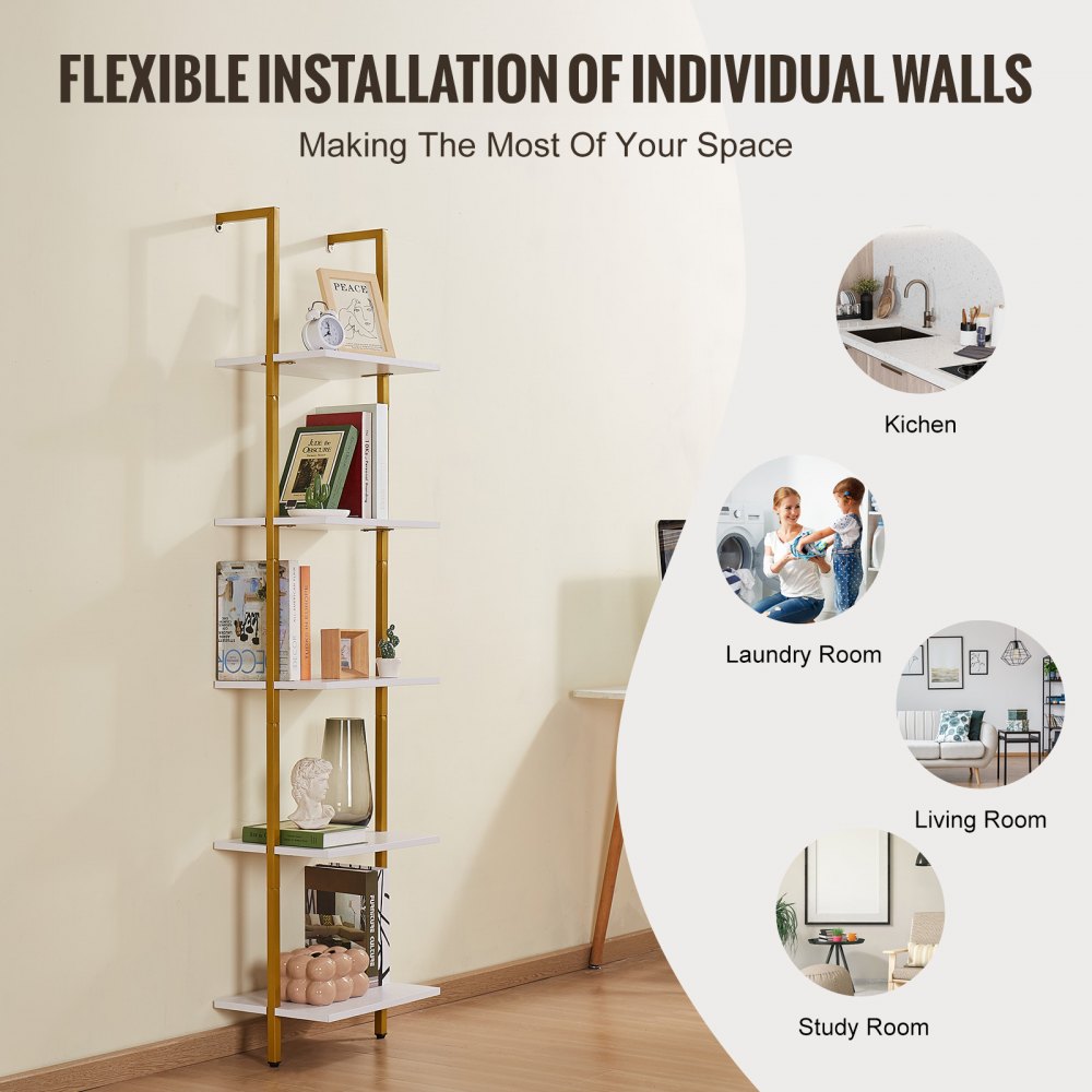 VEVOR Industrial Square Pipe Shelf 5 Tier 15.6x11.8in Wall-Mount Gold White 