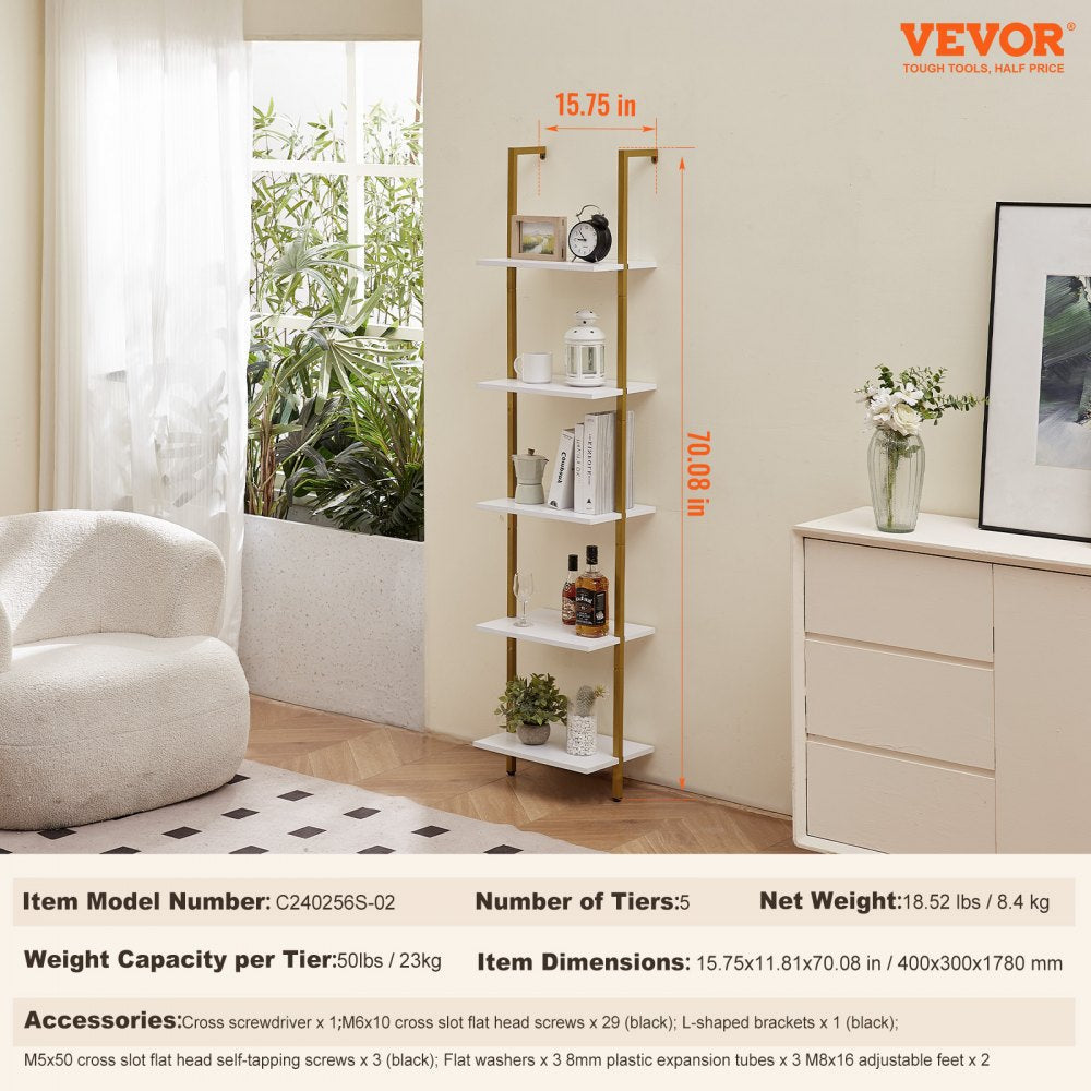 VEVOR Industrial Square Pipe Shelf 5 Tier 15.6x11.8in Wall-Mount Gold White 