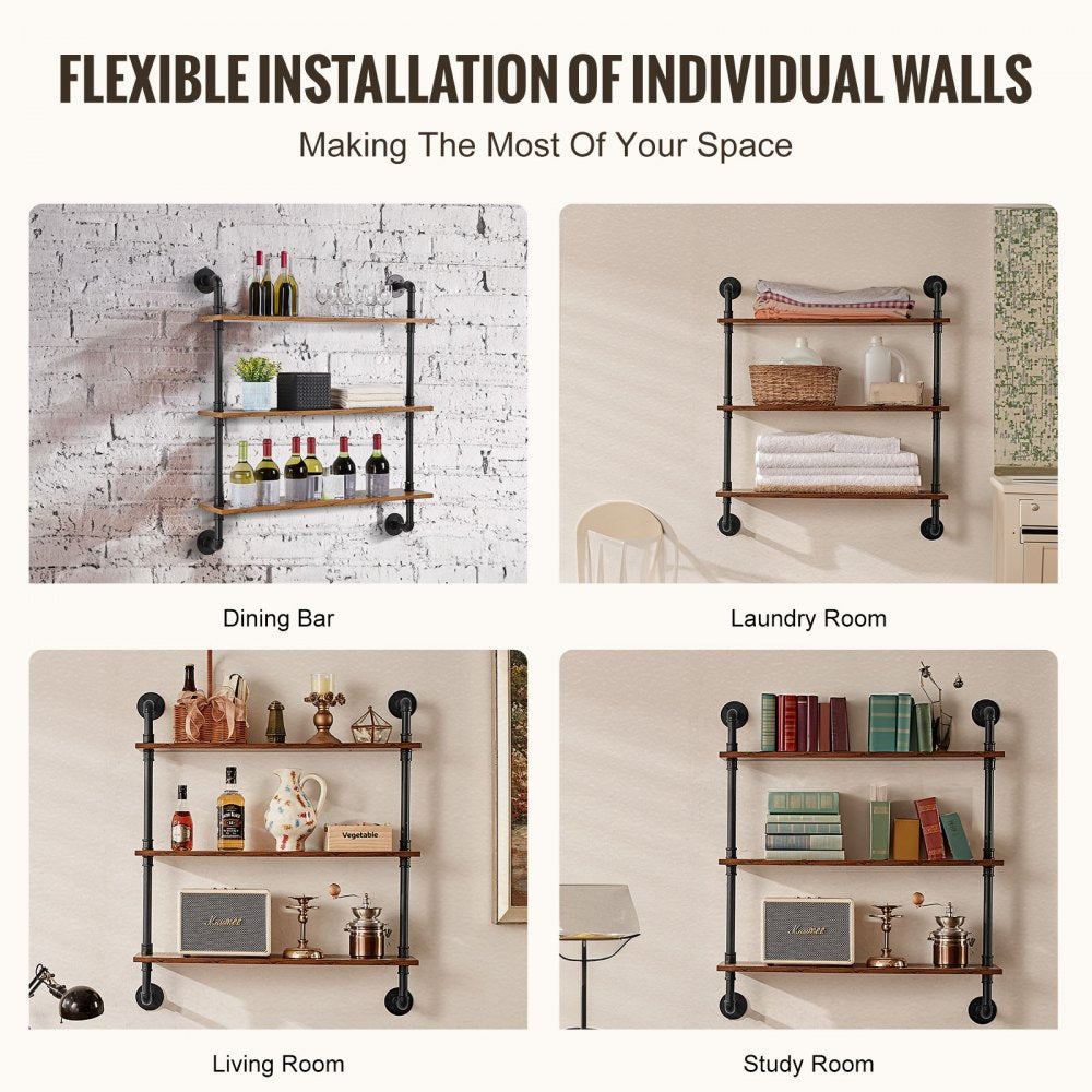 VEVOR Industrial Pipe Shelf 3 Tier 32x7.87in Wall-Mount for Kitchen Bedroom 