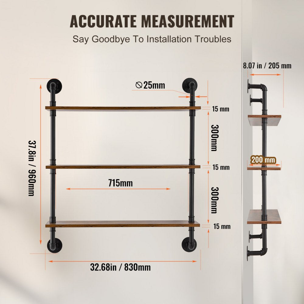 VEVOR Industrial Pipe Shelf 3 Tier 32x7.87in Wall-Mount for Kitchen Bedroom 