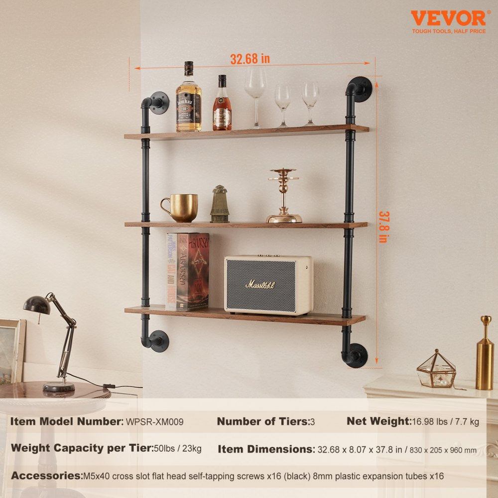 VEVOR Industrial Pipe Shelf 3 Tier 32x7.87in Wall-Mount for Kitchen Bedroom 