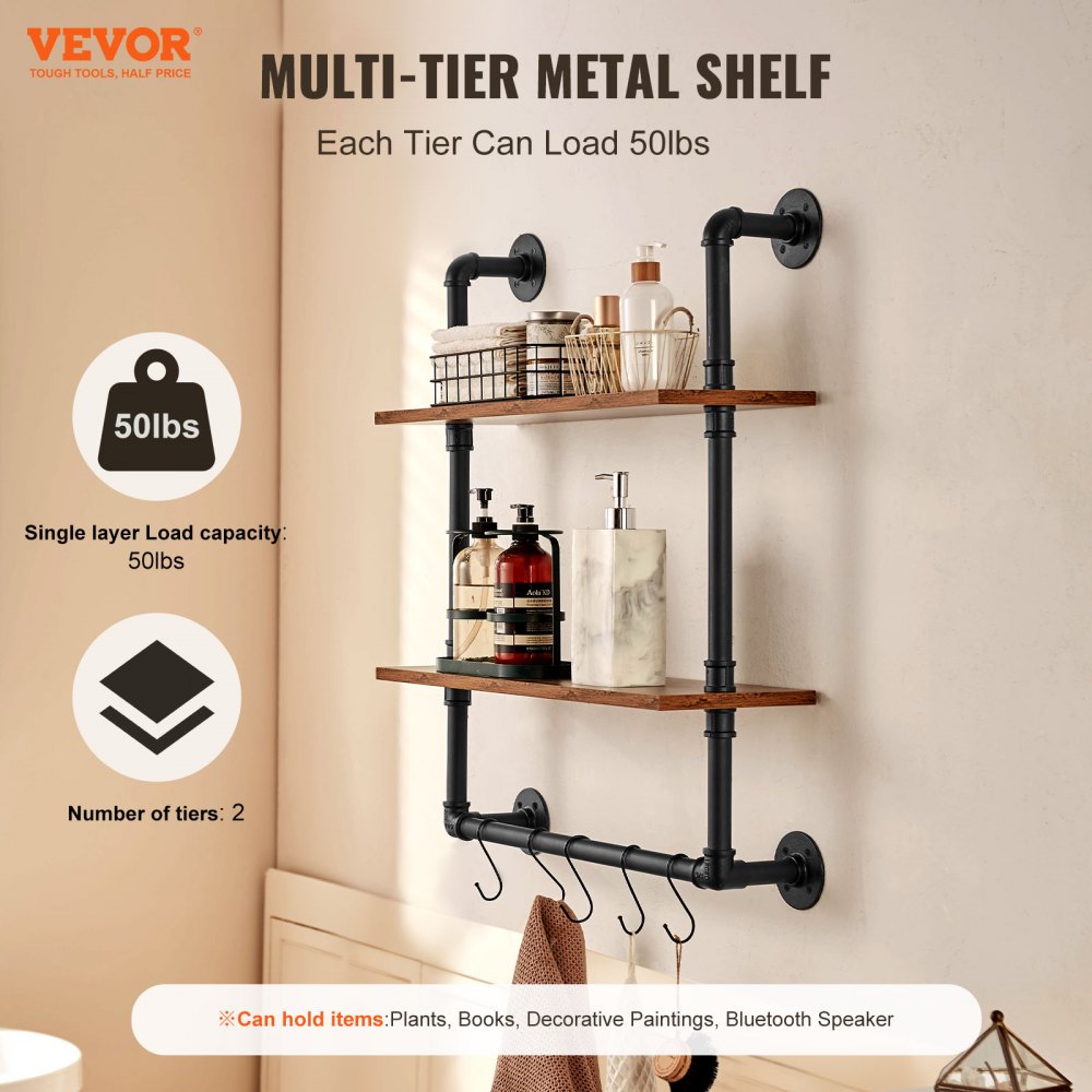VEVOR Industrial Pipe Shelf 2 Tier 24x7.87in Wall-Mount for Kitchen Bedroom 