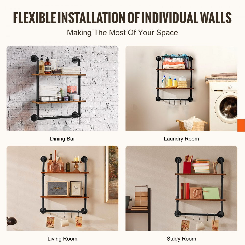 VEVOR Industrial Pipe Shelf 2 Tier 24x7.87in Wall-Mount for Kitchen Bedroom 