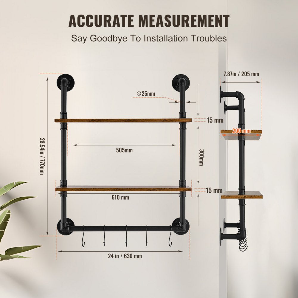 VEVOR Industrial Pipe Shelf 2 Tier 24x7.87in Wall-Mount for Kitchen Bedroom 